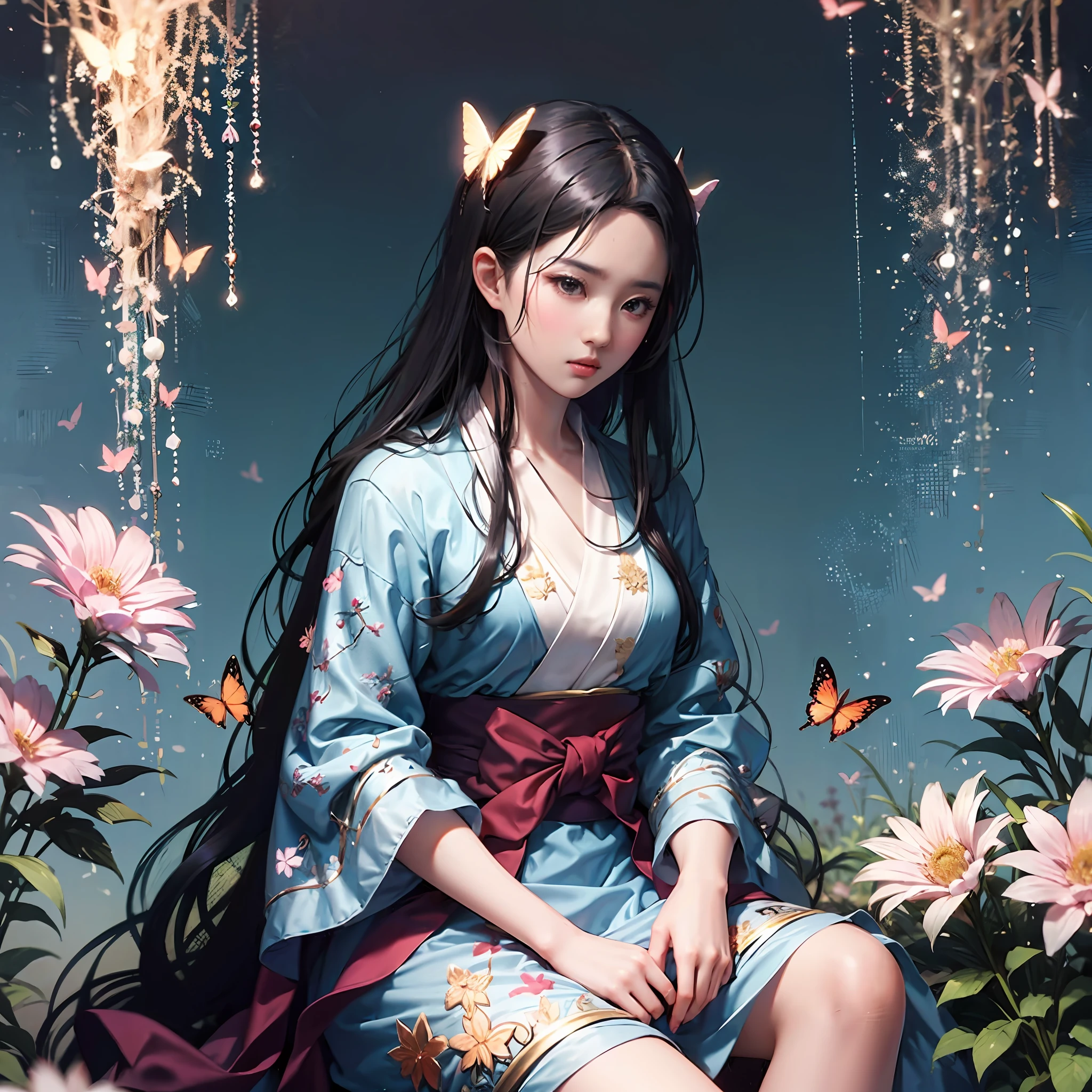 a girl sitting on a hillside, dressed in Hanfu; Among the flowers, a hundred flowers bloom and butterflies fly; Long black hair shawl.