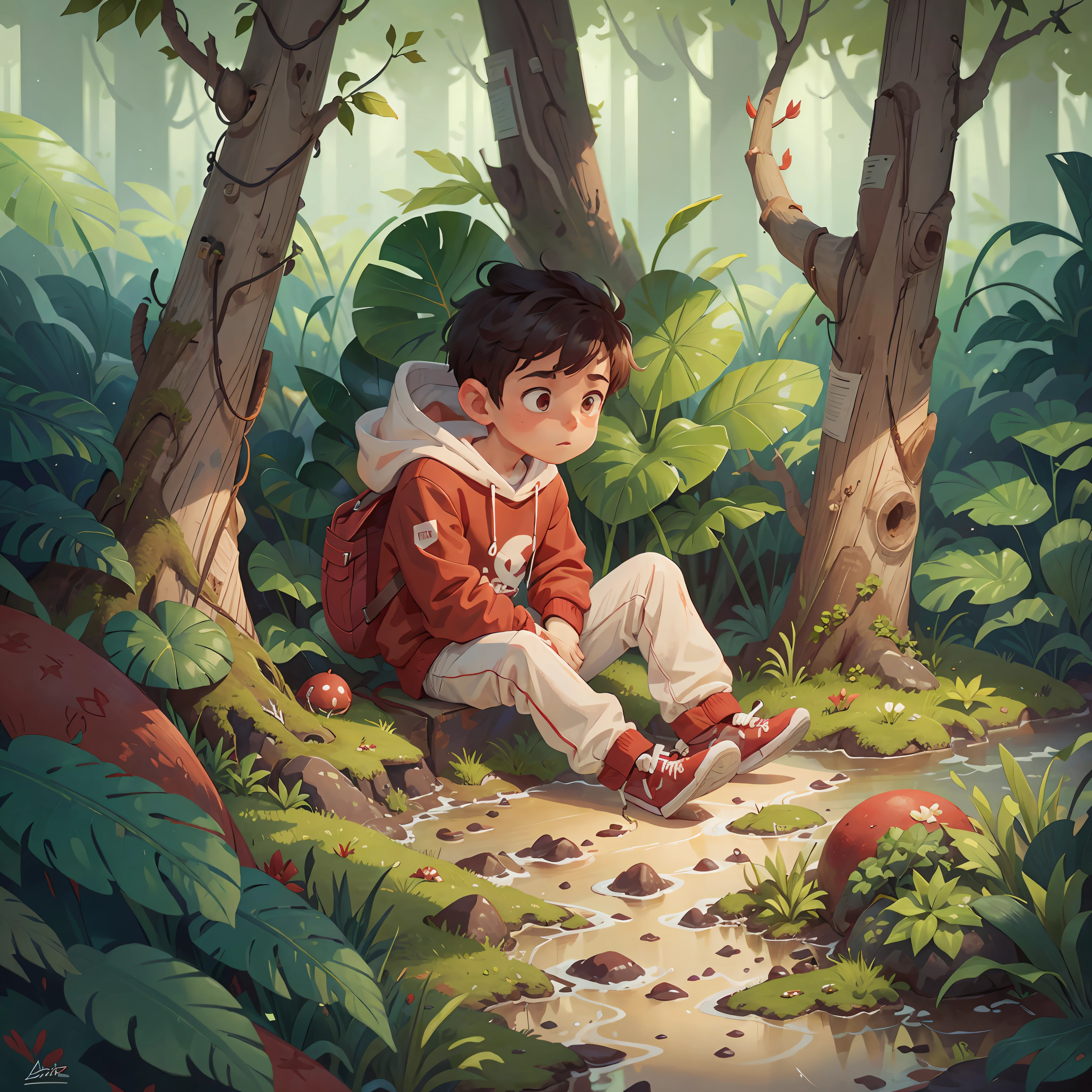 The boy in a red sweatshirt and white lining came to an isolated island covered in absurd plants.