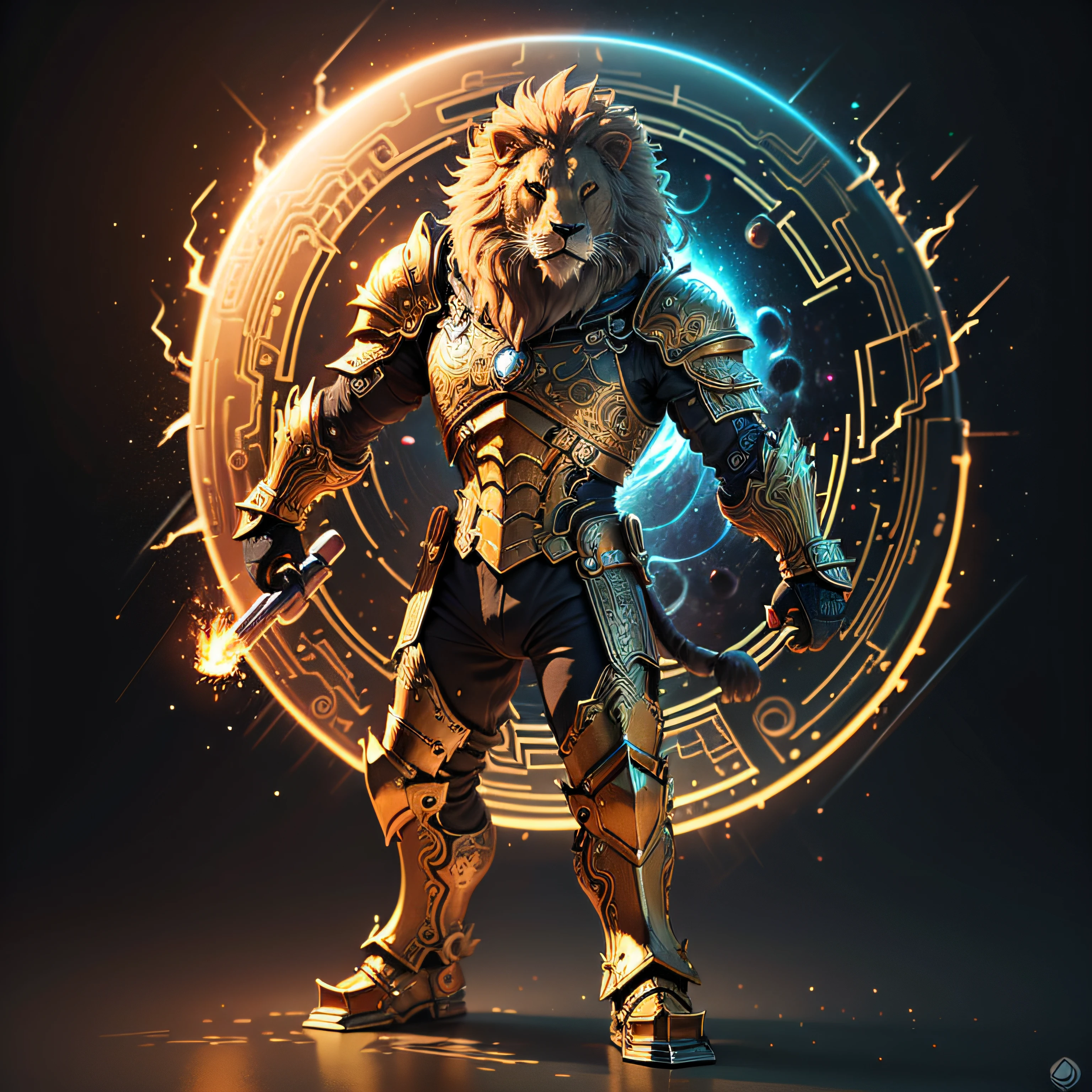 3D model, lion, armor, metal plates, intricate designs, anime, flame, space --auto