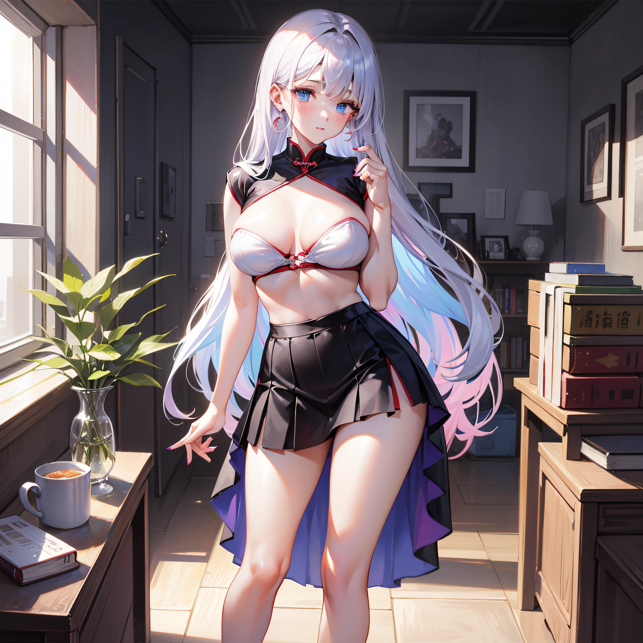 Seventh March， Seventh_Marchen， 1girlhugebreasts， 独奏， （（on cheongsam）），（cleanness：1.2）， Fair thighs， nedium breasts，Bigboobs， Skirt that wraps hips， seaside backgroud， Black skirt， Pleated skirt，libraryai， ponytailhair， Blue earrings，house， length hair， looking looking at viewer， Short pink nails， Blue eyes， 独奏， Great legs， （（Beth）），（（tmasterpiece：1.1））， nameplate， ID tags， inside bedroom， Be red in the face， A sexy pose， With hands behind your back