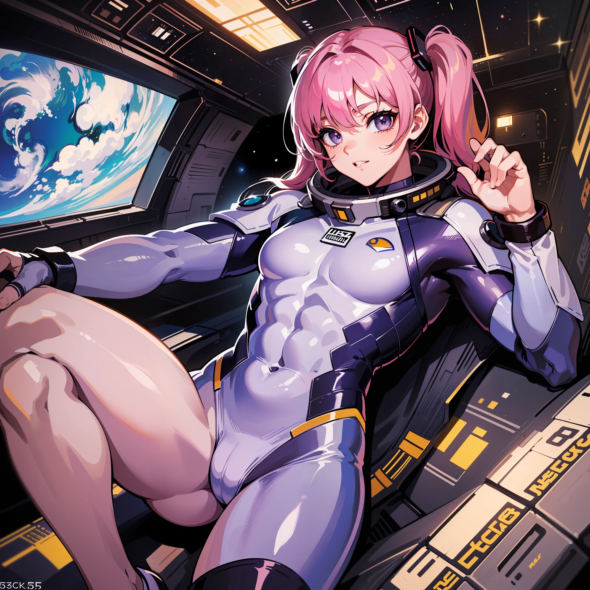 ((Masterpiece)), ((Highest image quality)), (Highest image quality)), (((Illustration of one adult)), Full body, (((25 years old)), (Face is female, Body is male)), (Pink hair twintails)), Light gray eyes, (((Tall)), ((Flat)), (Small breasts), (Muscular strong man's body)), (Muscular strong man's body)), (Muscular chest plate)), Abs, (( Muscular and thick arms)), (((muscular and thick legs)), ((manspreading)), open legs, ((white pilot suit)), ((in the cockpit)), (space on the monitor, Earth seen from space, spaceport)