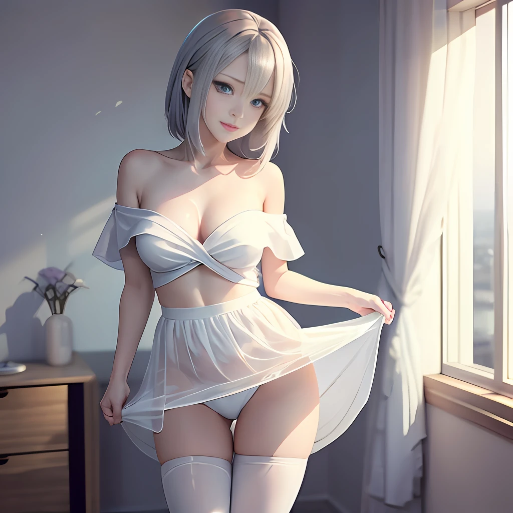 Anime style,best quailty,超高分辨率,tmasterpiece,1girl,Silver,Blue eyes,White dress(1:1),No bra wearing,No underwear,White stockings,ssmile,Lift the hem of the skirt,Exposed shoulder --auto