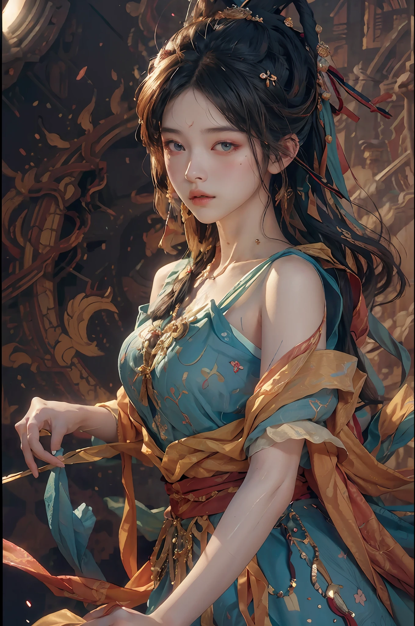 (RAW photo, best quality), (realistic, photo-realistic:1.3),best quality,highly detailed,masterpiece,ultra-detailed,illustration,1girl,upper_body,dynamic angle,world masterpiece theater,messy_long_hair,best quality,extremely detailed CG unity 8k wallpaper,ink,Amazing,cinematic lighting,lens_flare, dunhuang_style