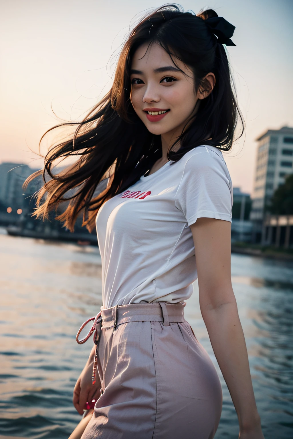 (8K, Raw photography,beste-Qualit, hight resolution:1.1), (hyper realisitic:1.4),(realisitic, Hphotorealistic:1.3), Soft light,large full breasts,Kizi,Lifelike face,Realistic body,real-looking-skin,absurderes,masterpiece,(cute little:1.8), Cuties, 独奏, (hugebreast:1.2), Detailed black eyes,Innocent eyes,blusher,(tshirts:1.2),Cinema Lights,Film grain,jewely,耳Nipple Ring,((Medium Hair:1.1)),((Floating Hair Nova FrogStyle)),cherry colored lips,Hair Ribbon,The hair 、a closeup,looki at viewer,length hair, Open lips, Upper teeth, (Smiling eyes:0.6), ((grinning:1.2)),depth of fields, blurry backround, eyes focus, ,85mm lens, F/1.4,professionally lit, jung,portlate,Photon mapping,,no-bra、,CG Social Trends、Plastic En、((Black Long Hair))、((a beautiful lady))、(A smile)、Fashionable、(A sexy)、Hair that flutters in the wind、((Flowing hair))、Happy -、fashion magazine、((lighting like a movie))、
