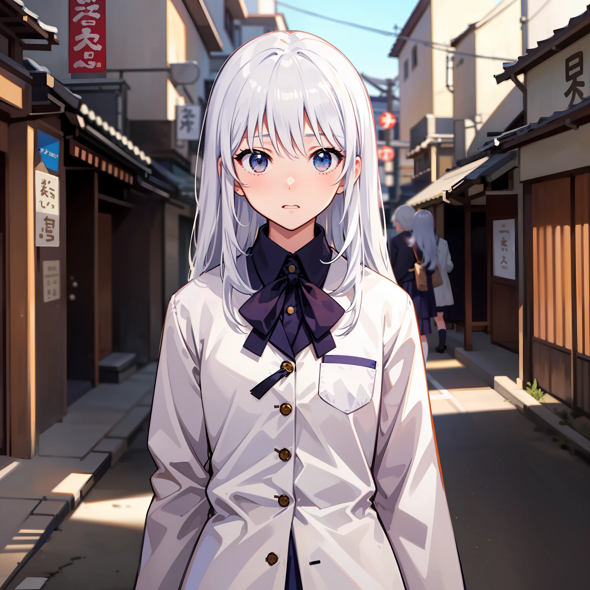 length hair,White hair,Japanese schoolgirl uniform,wearing a Japanese school uniform,Day man,Gao cold expression,Upper body body