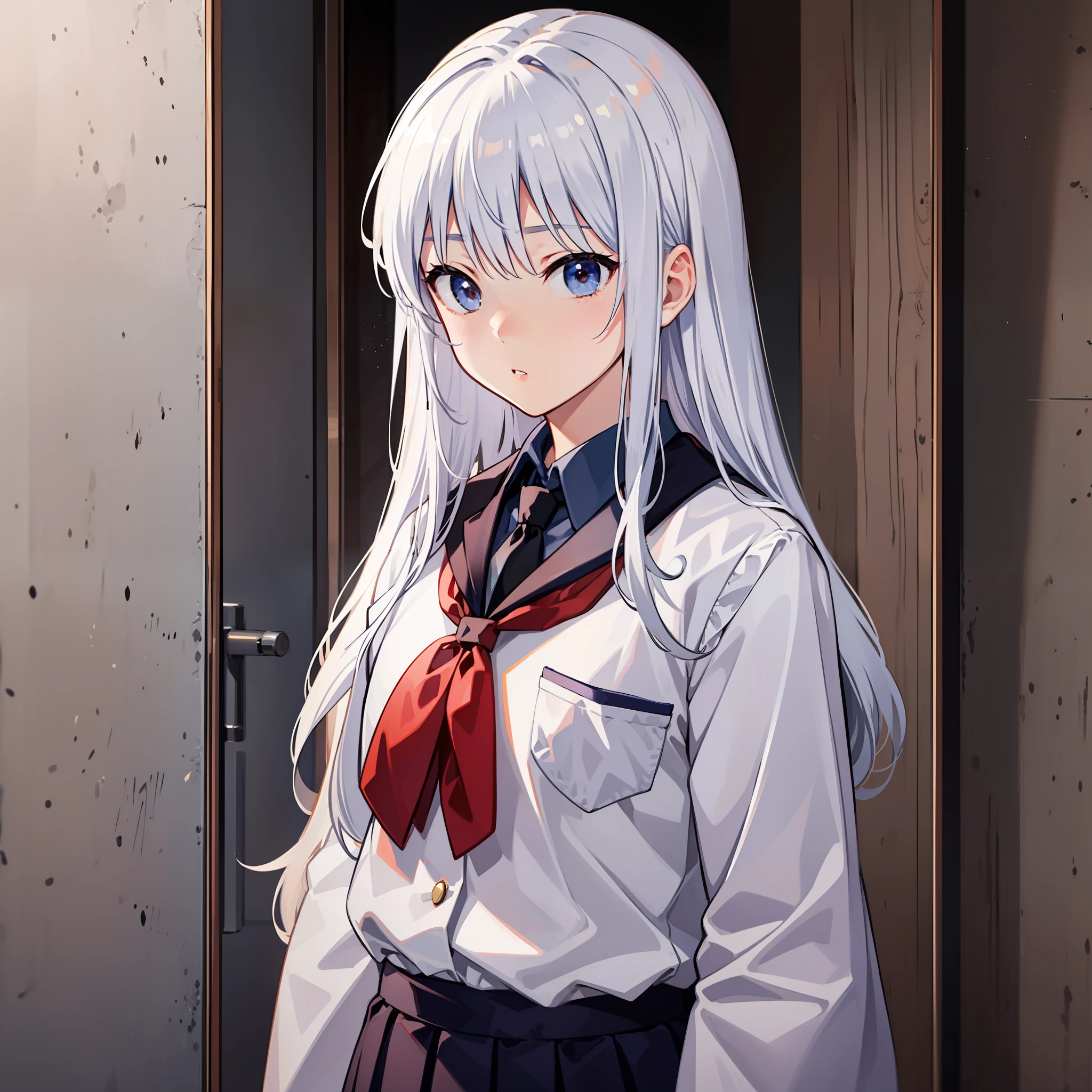 length hair,White hair,Japanese schoolgirl uniform,wearing a Japanese school uniform,Day man,Gao cold expression,Upper body body