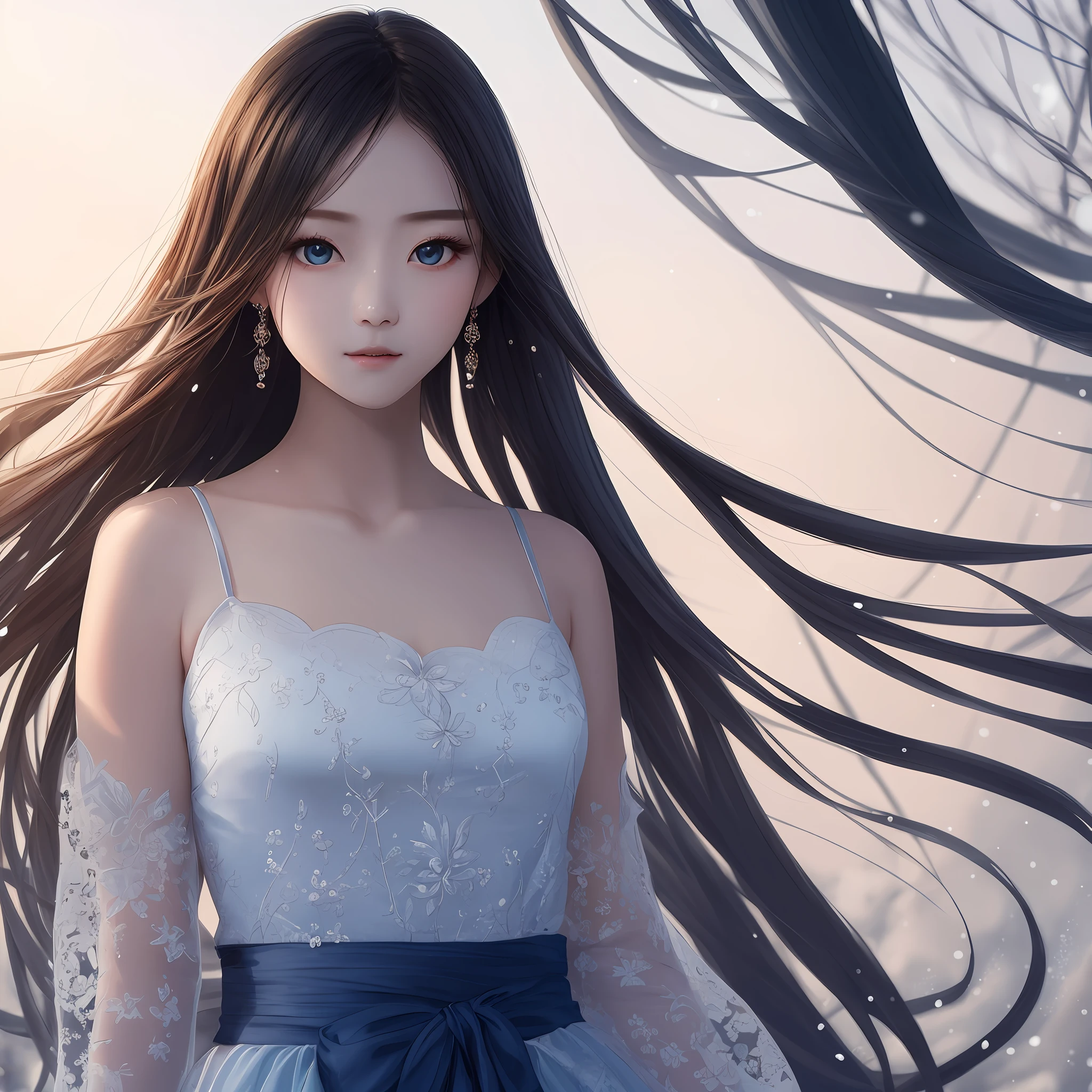 The girl has skin like snow，Blue silk light strands，Dressed in a simple Tsing Yi，But it outlines a graceful curve，She also has delicate facial features，Especially the pair of bright eyes，There seems to be some kind of mystery in it，Therefore, it appears ethereal and deep。 --auto