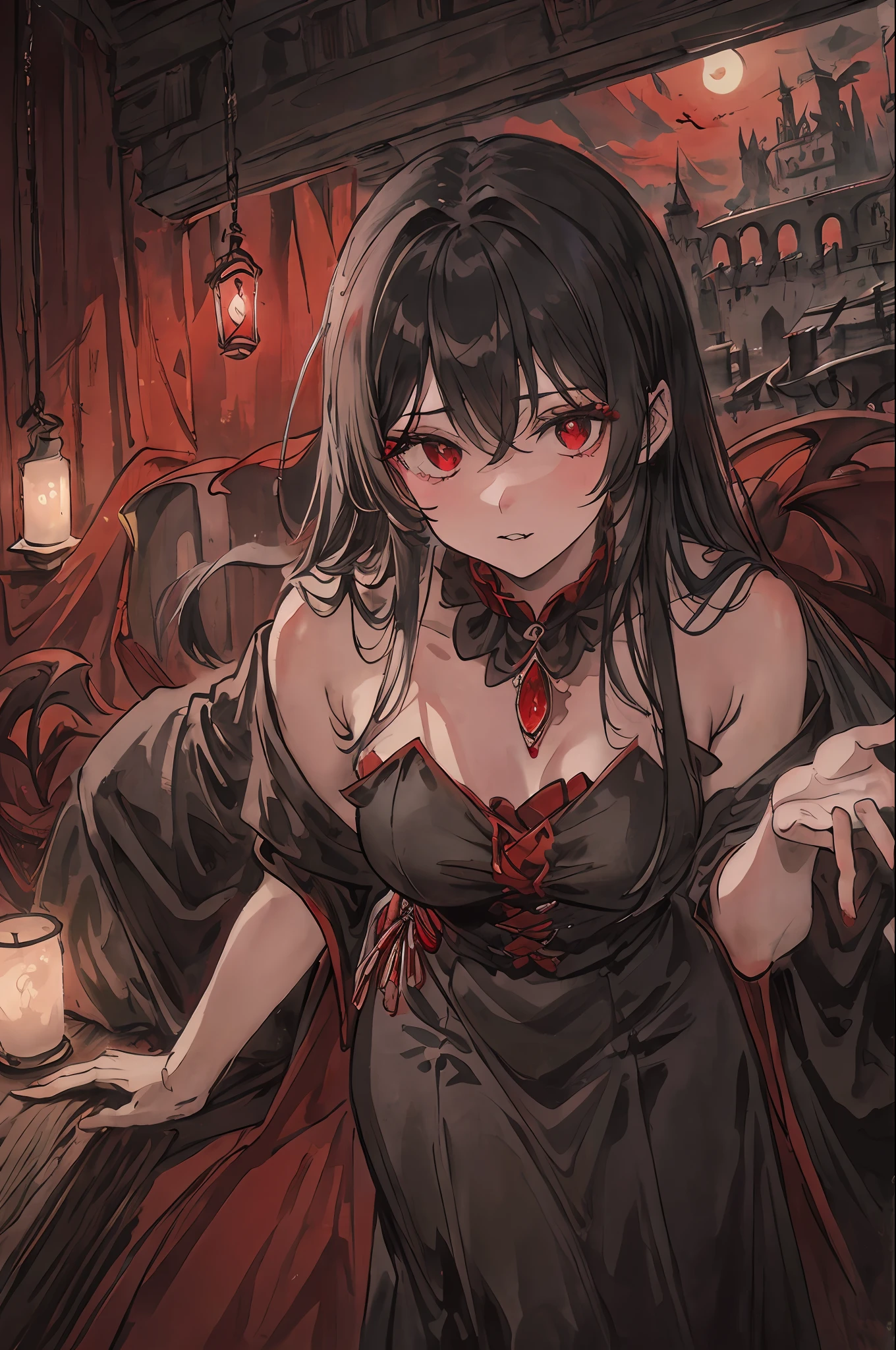 ((masterpiece))、((beste-Qualit))、((Official art))、8K、very detailed illustration、One girl、Gray hair、Long straight hair、Detailed eye、(Interior of the old castle 1.2)、dimly lit by、(Gorgeous red and black gothic dress 1.2)、((Dracula's daughter))、((deadpan))、Fair skin、pure、Meek、bareshoulders、Photo book pose、FULL BODYSHOT