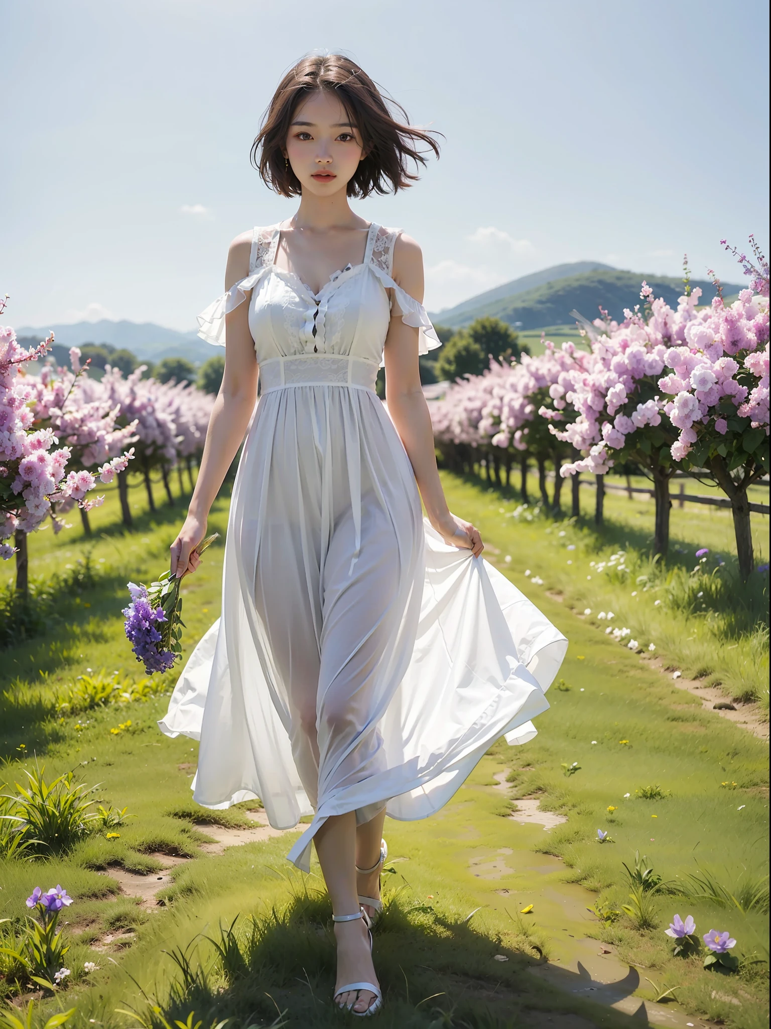 Super short hair girl,Neutral wind,standing in grassy field,Holding purple bellflower flowers,Dressed in a white flowing dress,中景 the scene is
