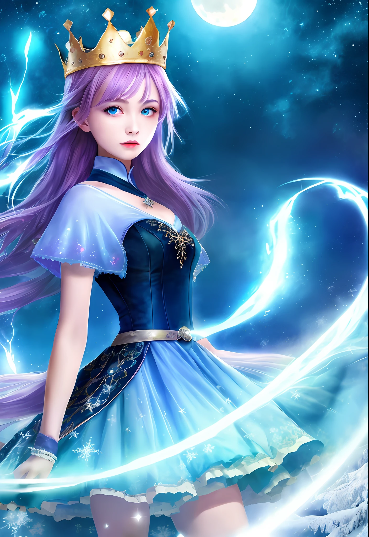 Night, (1 girl)), loneliness, masterpiece, 8k wallpaper, high resolution, absurdity, high quality background, short hair, black hair, multi-colored hair, beautiful frozen village, (full moon), blue dress, detail dress, jewelry dress, (magic: 1.2), blue flame, blue eyes, glowing eyes, fire, ice goddess, (blue delicate beautiful crown), electricity, blue electricity, blue light particles