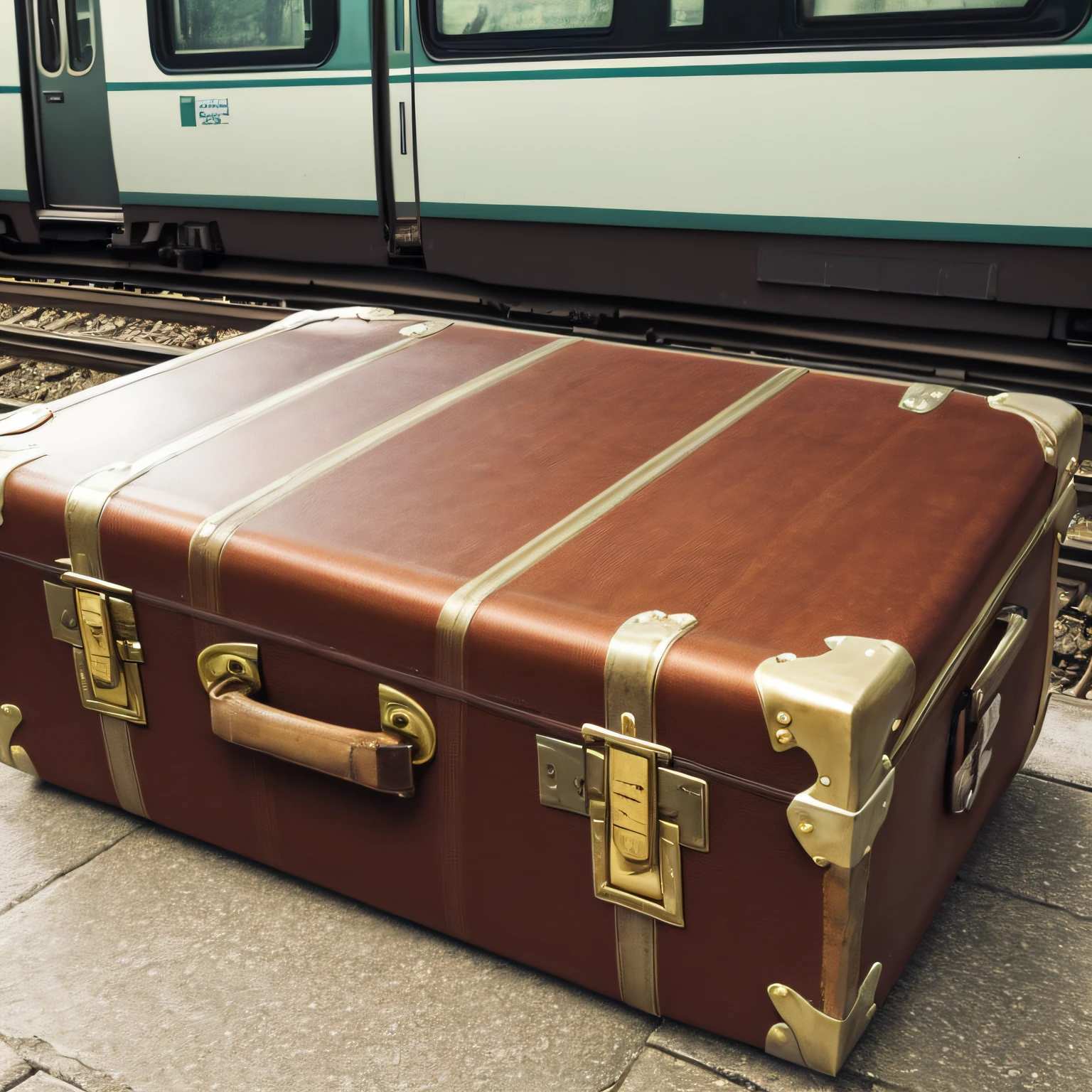 A close-up of a vintage suitcase, worn and adorned with travel stickers, symbolizing the memories and adventures shared by the familY in train station