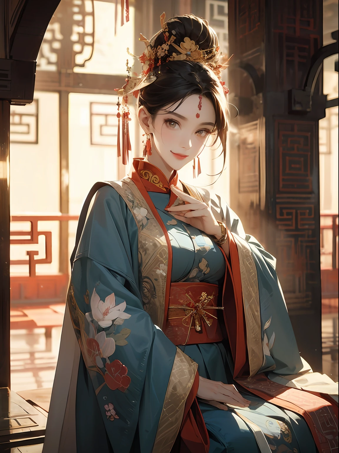 best quailty，tmasterpiece，超高分辨率，1girlhugebreasts，((Black coiled hair))，Golden eyes，Frontal photo，Close-up of，Hanfu，Light blue plain，Covered with a layer of white light tulle，He wears a gold coat on his head，Wear long earrings on your ears，There is a bracelet on the wrist，Sit in a chair，She has a beautiful face，The brow curve is slender，The eyes are bright and gentle。Smiling，Scenes：Inside an ancient Chinese room，