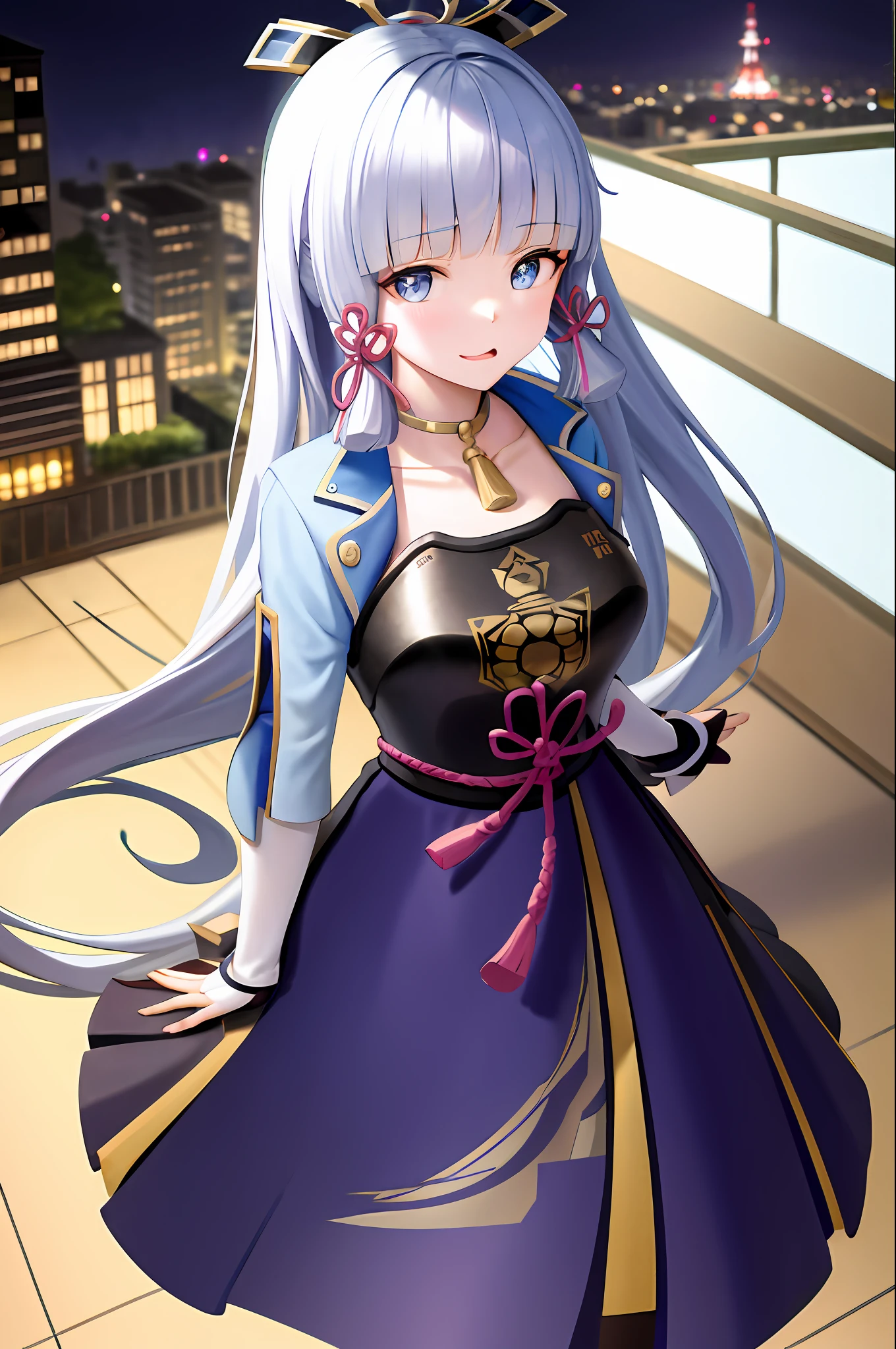 tmasterpiece，A high resolution，best quailty，1girl solo，kamisato_ayaka，komono，Towering giantess，E cup，hugetits，Standing tall in the city，oral sexy，Need，The details are complex，photorealestic，Ayaka Kamisato，The viewing angle is from above，Tokyo Tower next to it