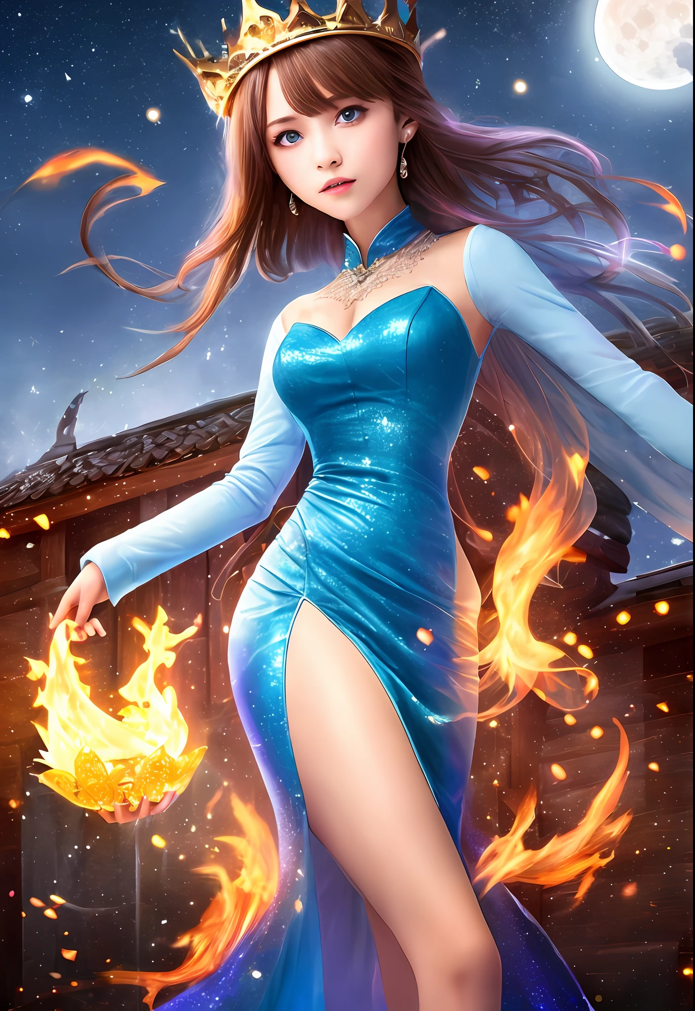 Night, (1 girl)), loneliness, masterpiece, 8k wallpaper, high resolution, absurdity, high quality background, short hair, black hair, multi-colored hair, beautiful frozen village, (full moon), blue dress, detail dress, jewelry dress, (magic: 1.2), blue flame, blue eyes, glowing eyes, fire, ice goddess, (blue delicate beautiful crown), electricity, blue electricity, blue light particles