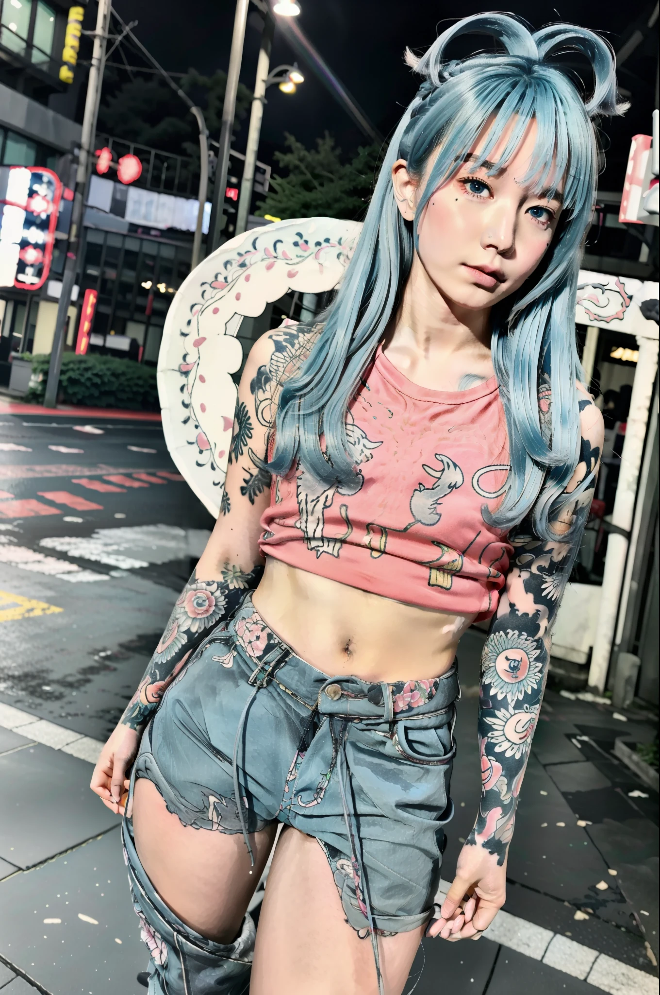 1girl, medium chest, blue hair, long hair, blue eyes, kobo, kanaeru, outdoors, ahoge, white hair tips, full body at full size, pink lighting, tatto, ultra detail, hd, street, city, realistic, white tanktop shirt