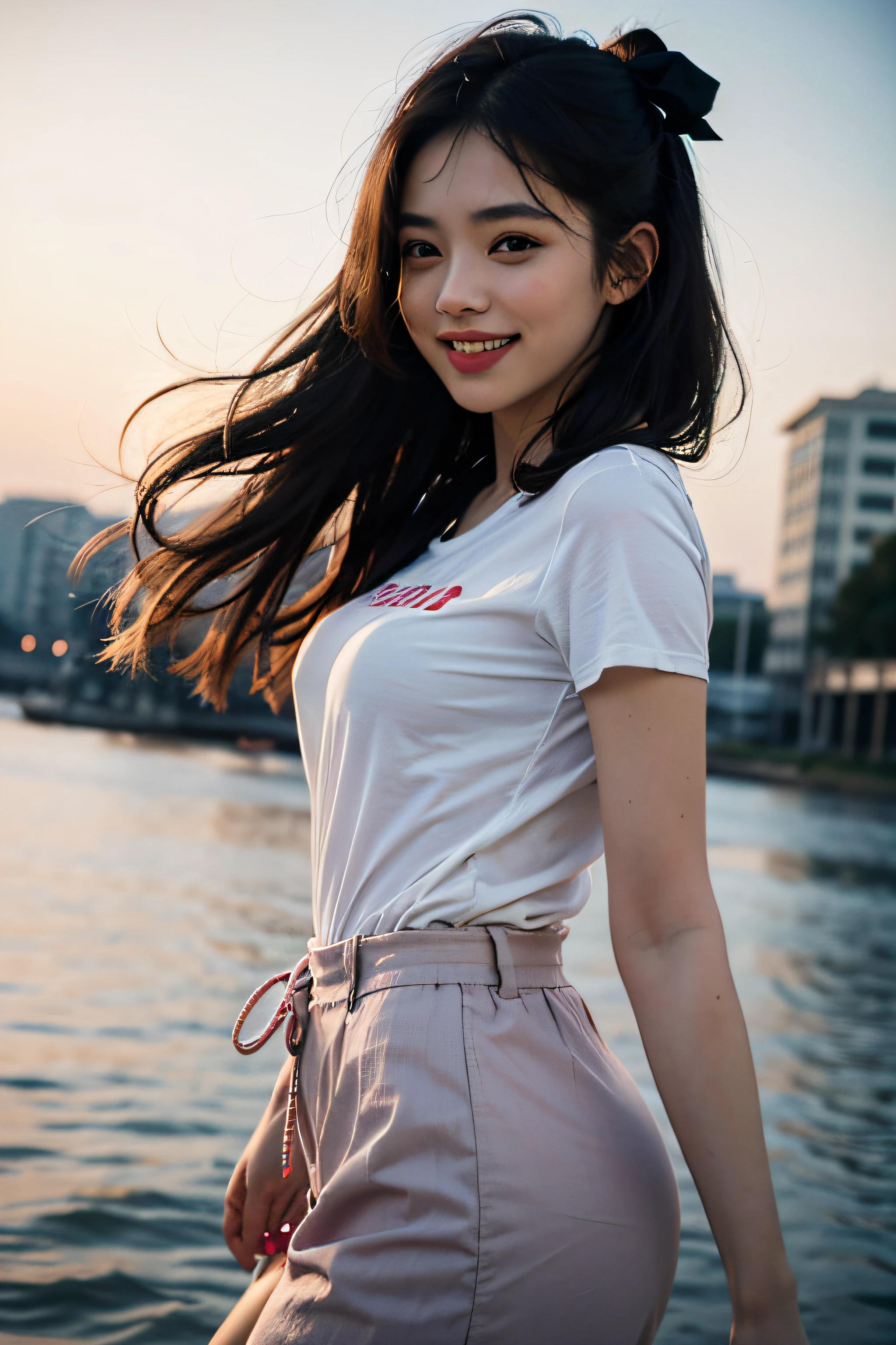 (8K, Raw photography,beste-Qualit, hight resolution:1.1), (hyper realisitic:1.4),(realisitic, Hphotorealistic:1.3), Soft light,large full breasts,Kizi,Lifelike face,Realistic body,real-looking-skin,absurderes,​masterpiece,(cute little:1.8), Cuties, 独奏, (hugebreast:1.2), Detailed black eyes,Innocent eyes,blusher,(tshirts:1.2),Cinema Lights,Film grain,jewely,耳Nipple Ring,((Medium Hair:1.1)),((Floating Hair Nova FrogStyle)),cherry colored lips,Hair Ribbon,The hair 、a closeup,looki at viewer,length hair, Open lips, Upper teeth, (Smiling eyes:0.6), ((grinning:1.2)),depth of fields, blurry backround, eyes focus, ,85mm lens, F/1.4,professionally lit, jung,portlate,Photon mapping,,no-bra、,CG Social Trends、Plastic En、((Black Long Hair))、((a beautiful lady))、(A smile)、Fashionable、(A sexy)、Hair that flutters in the wind、((Flowing hair))、Happy -、fashion magazine、((lighting like a movie))、