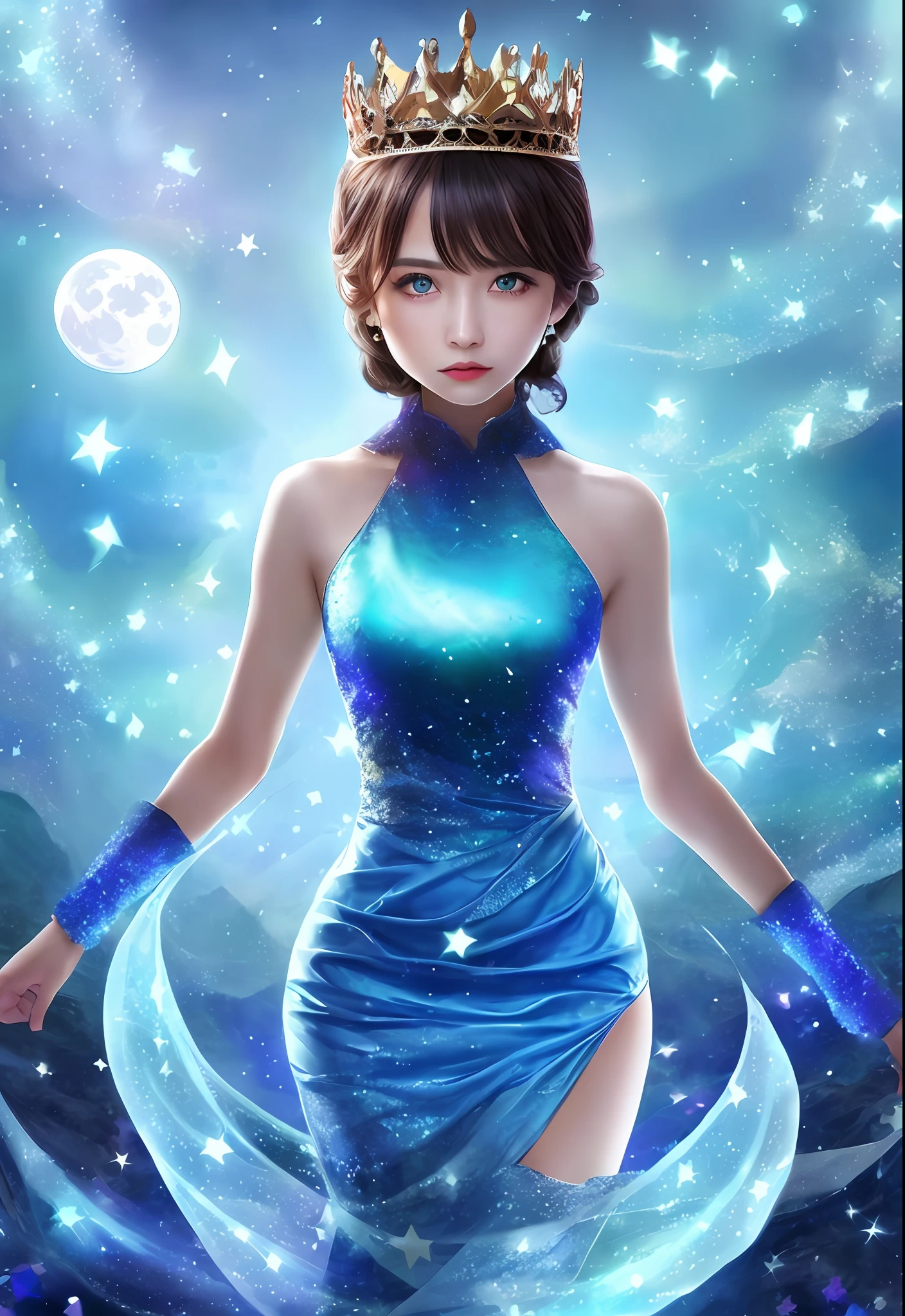 Night, (1 girl)), loneliness, masterpiece, 8k wallpaper, high resolution, absurdity, high quality background, short hair, black hair, multi-colored hair, beautiful frozen village, (full moon), blue dress, detail dress, jewelry dress, (magic: 1.2), blue flame, blue eyes, glowing eyes, fire, ice goddess, (blue delicate beautiful crown), electricity, blue electricity, blue light particles