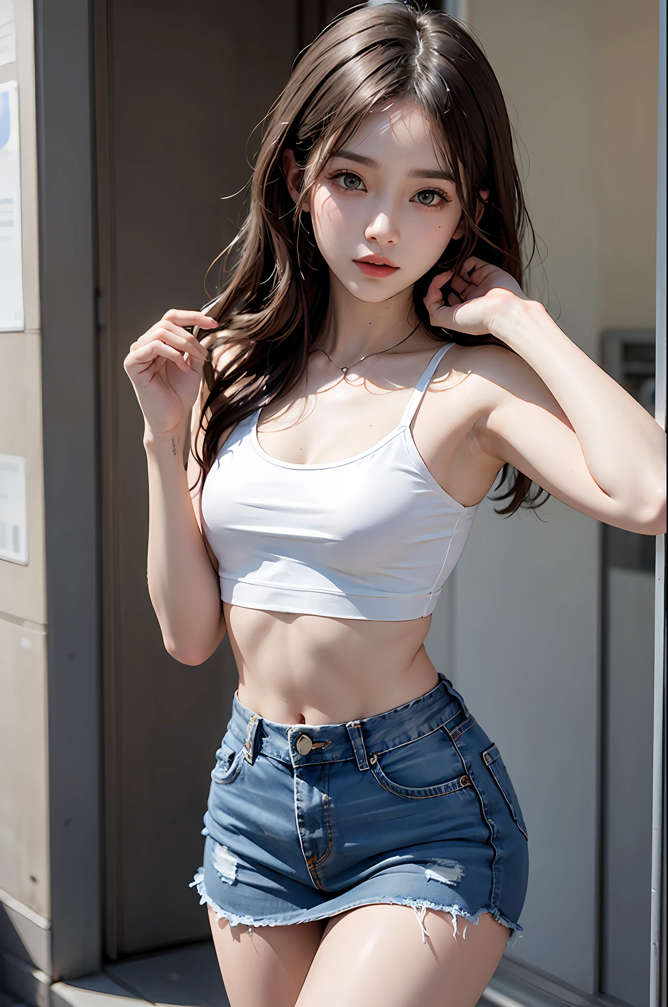 Girl posing for photo in white bra and tight denim skirt，full bodyesbian，With a cropped T-shirt、brassier，Slim body，Smaller bust，Slim girl model，24 years old female model，