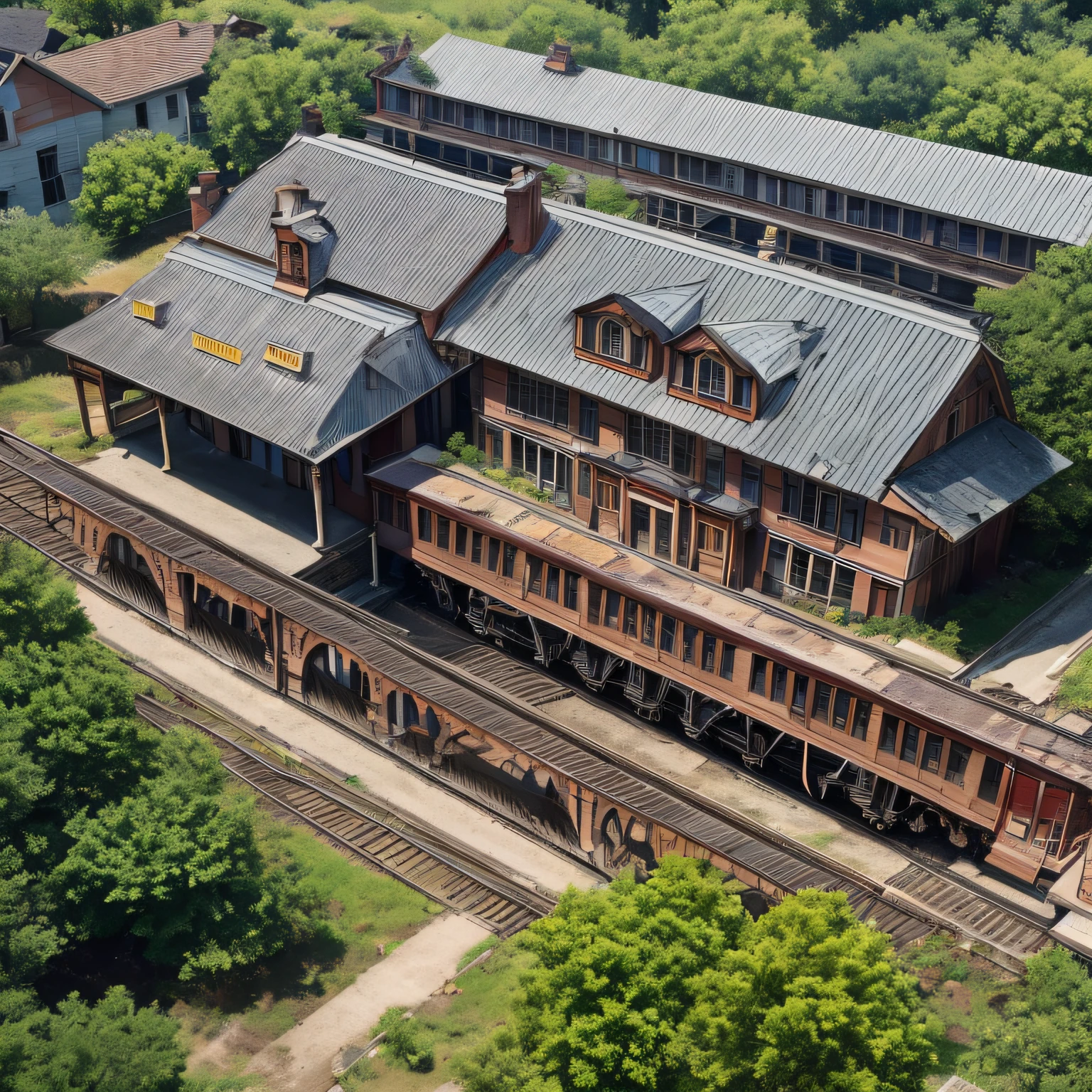 An overhead shot capturing the old train station's weathered architecture, with the family gathered on the platform, their faces filled with a mix of emotions.,