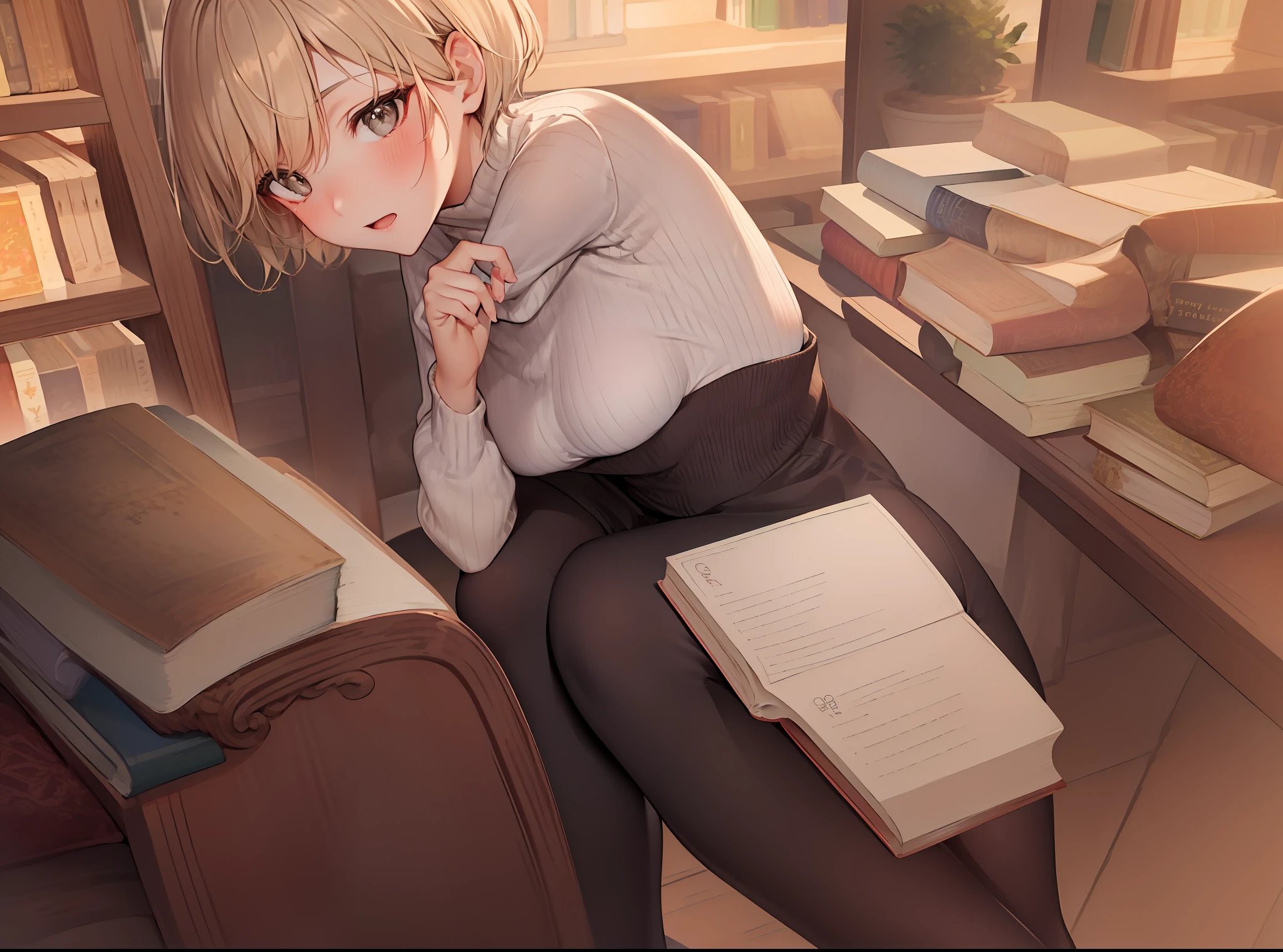 hires detailed, Lovely, bookshop, daytime, close-up, browsing books, slim, girl with ivory skin, small breasts, gray eyes, straight blonde hair in a pixie cut, oversized sweater and leggings, peaceful expression, soft lighting.