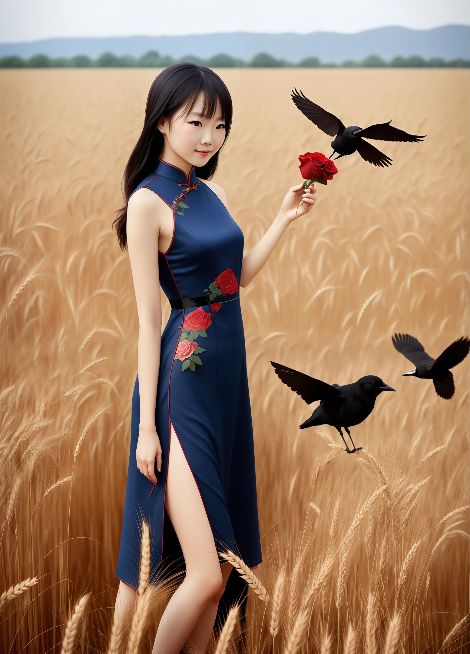 Cute girl,Roses in hand,on cheongsam,Historically,In the background is a flock of crows in a wheat field,Time magazine cover,A detailed