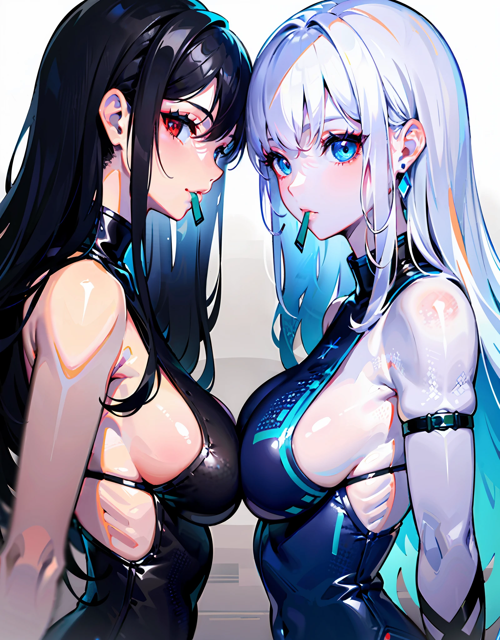 2girls, angel and devil, facing another, mouth to mouth feeding, (white hair, red eyes:1.2), (black hair, blue eyes:1.2), glint, gradient eyes, panorama, upper body, cropped torso upper body,8K