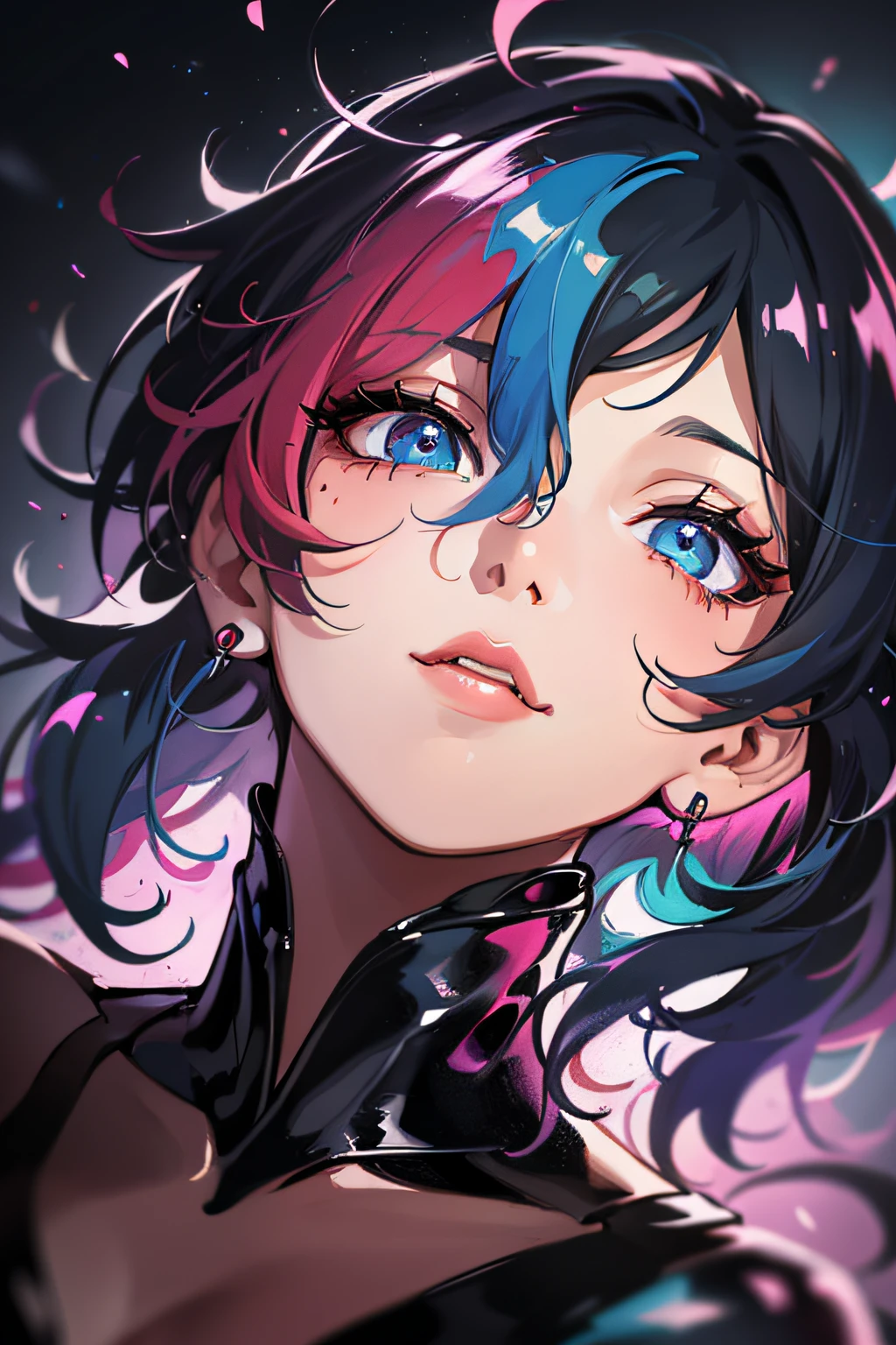 Create a medium shot, colored digital line art portrait of harley quinn character in the style of artists like Russ Mills, Sakimichan, Wlop, Loish, Artgerm, Darek Zabrocki, and Jean-Baptiste Monge. Include colorful splatter drippings, paper texture, and perfect shading, with dramatic lighting. The artwork should be centered, stylized, and elaborate, with a beautiful dress, gorgeous eyes, and a dynamic pose. TanvirTamim. rendered in 8K resolution for high-quality detail