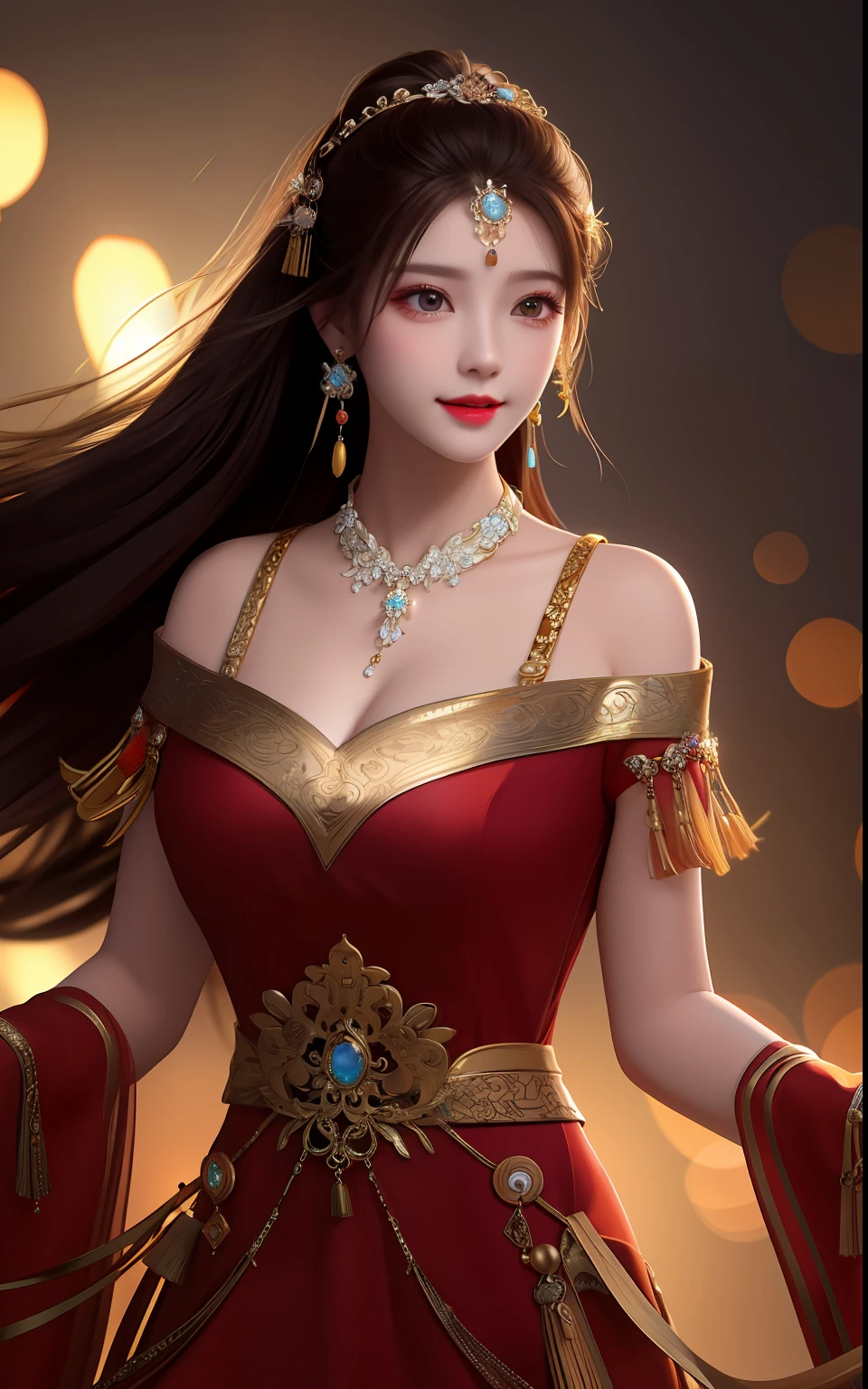 Masterpiece A goddess perfect body shape detailed details ,Beautiful face Detailed details。Colorful eye details Skin like coagulation,Ultra High Resolution 8k Details Real Light Shines All Over Bokeh Background Bokeh Flame General Red Hair More Details Super High Quality Mouth slightly Open and Smile at the Audience Chinese White Costume Clothes Exquisite Super High Quality Gorgeous Ancient Chinese Perfect Face Majestic Atmosphere Super High Quality Headwear and Hair Accessories Earrings Are Exquisite Super High Quality Original Picture Super High Quality
