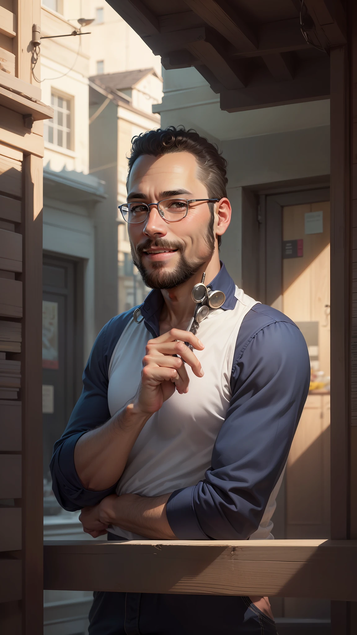 HD, (Best Detail), (Best Quality), Meticulous Facial Features, Smiling Man with Curly Hair in Blue Shirt and Glasses, Two-dimensional, Cartoon