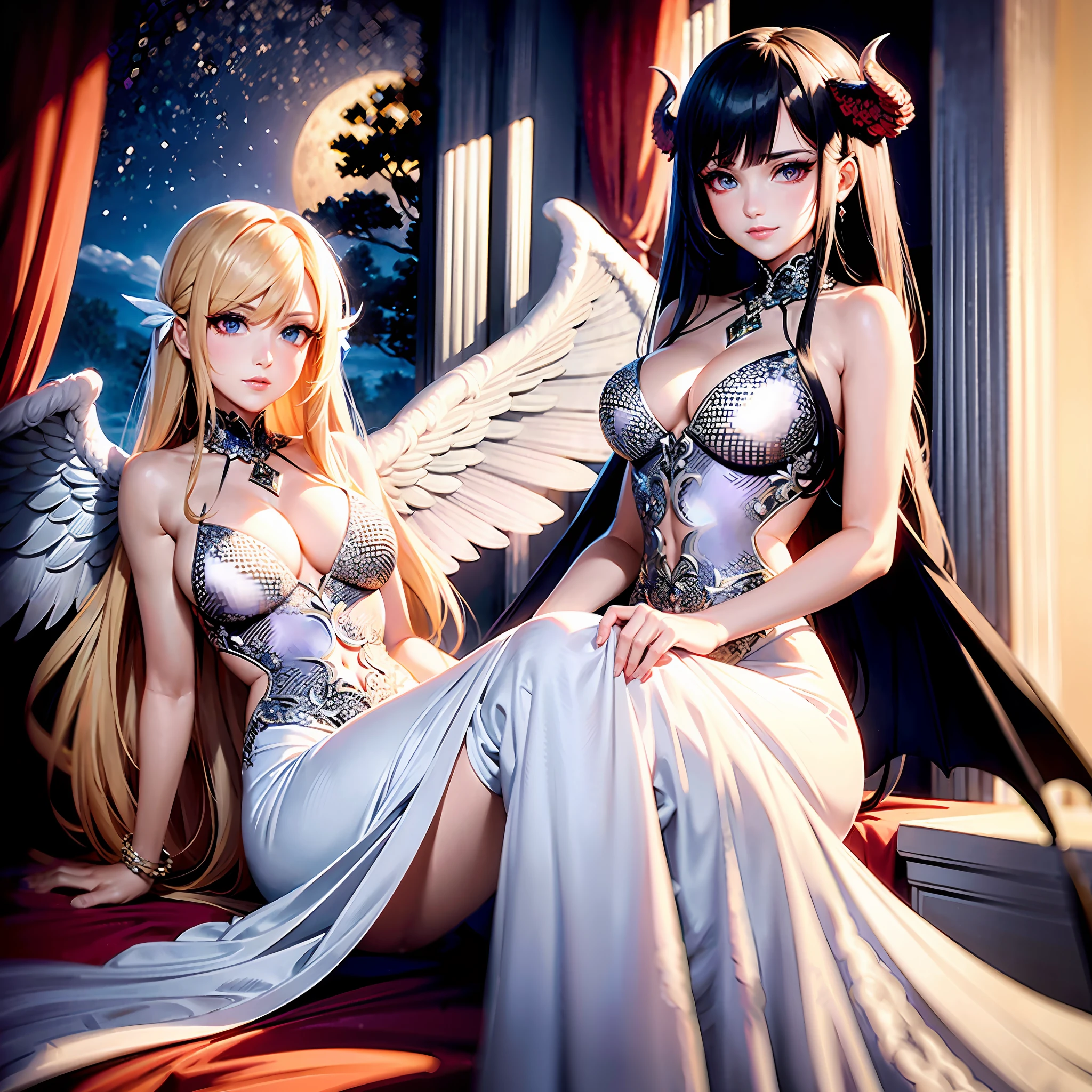 fantasy art, RPG art [[a picture of 2 women]], , a female angel (Masterpiece, 1.3, intricate details), wearing dress, pale skin, best details beautiful face (Masterpiece, 1.3, intricate details), blond hair, long hair wavy hair (Masterpiece, 1.3, intricate details), blue eyes, high heeled boots, wearing red dress (Masterpiece: 1.3, intricate details), large angelic wings, white angelic wings spread [AND] a female demon (Masterpiece, 1.3, intricate details), demon, red skin (Masterpiece, 1.3, intricate details), demonic wings, black demonic wings spread, demonic horns (Masterpiece, 1.3), red skin (Masterpiece, 1.4), black hair, red eyes, best details beautiful face (Masterpiece, 1.3, intricate details), wearing white dress (Masterpiece: 1.3, intricate details), high heels, in the border between heaven and hell, moon, stars, clouds, god rays, silhouette, dynamic angle, photorealism, panoramic view (Masterpiece 1.3, intense details) , Wide-Angle, Ultra-Wide angle