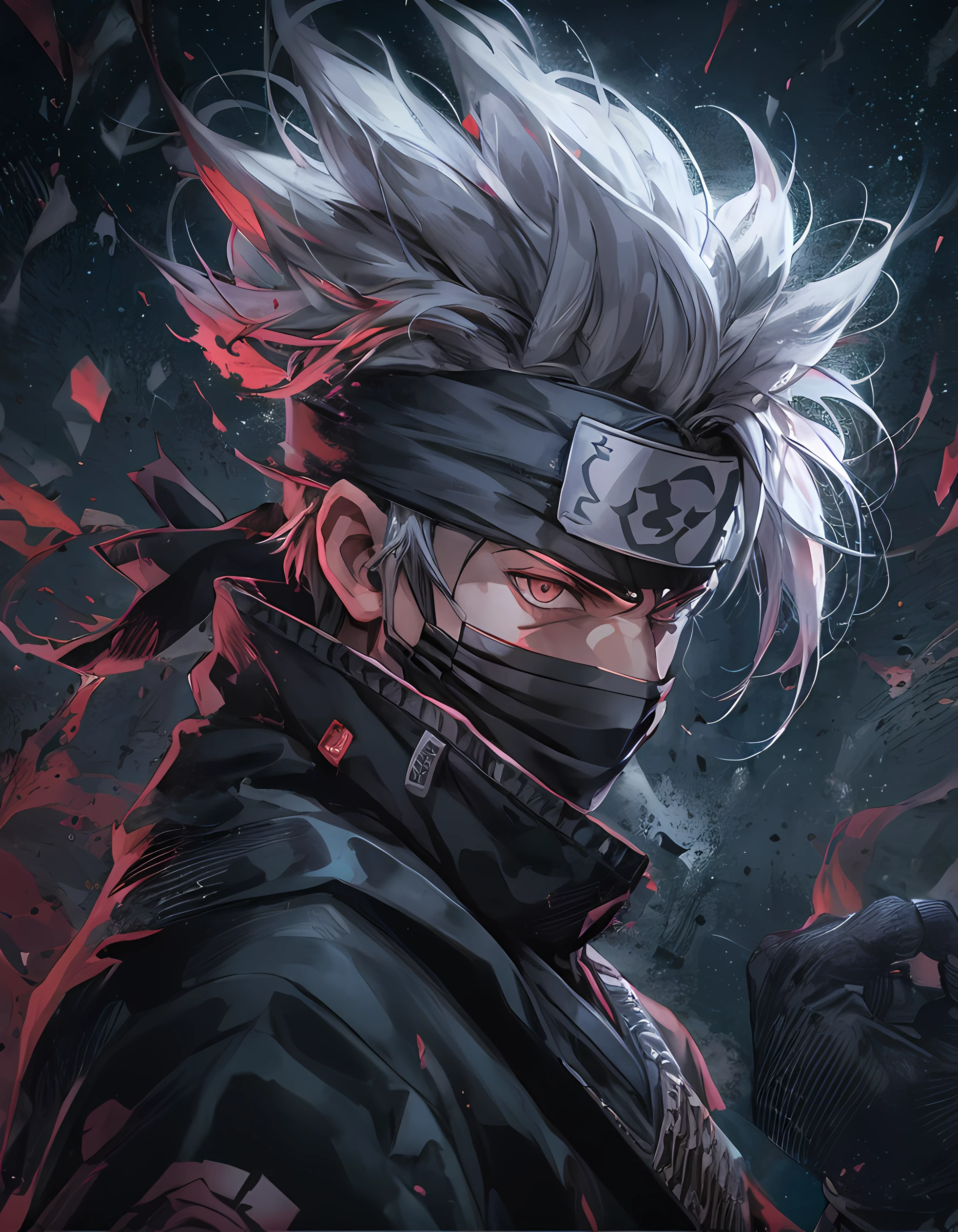 A closeup of a ager with a black ninja mask and a red light, badass anime 8 k, kakashi hatake, Estilo anime 8k, papel de parede anime , cabelo branco e olho vermelho brilhante , pose de lado e olhando para a camera , utilizando uma bandana , Shinobi , pose olhando de lado , Olho vermelho brilhante , vermelho brilhante