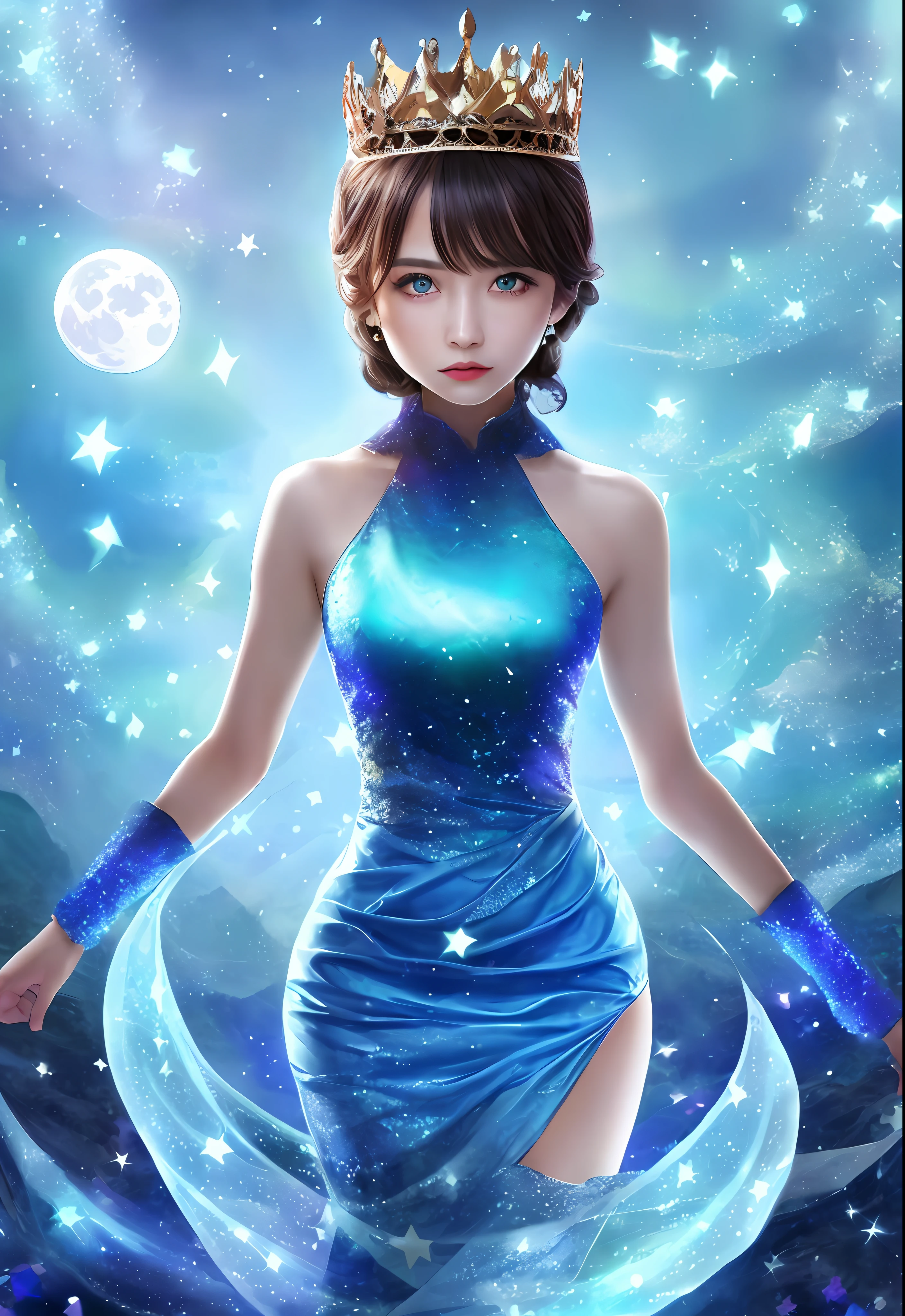 Night, (1 girl)), loneliness, masterpiece, 8k wallpaper, high resolution, absurdity, high quality background, short hair, black hair, multi-colored hair, beautiful frozen village, (full moon), blue dress, detail dress, jewelry dress, (magic: 1.2), blue flame, blue eyes, glowing eyes, fire, ice goddess, (blue delicate beautiful crown), electricity, blue electricity, blue light particles