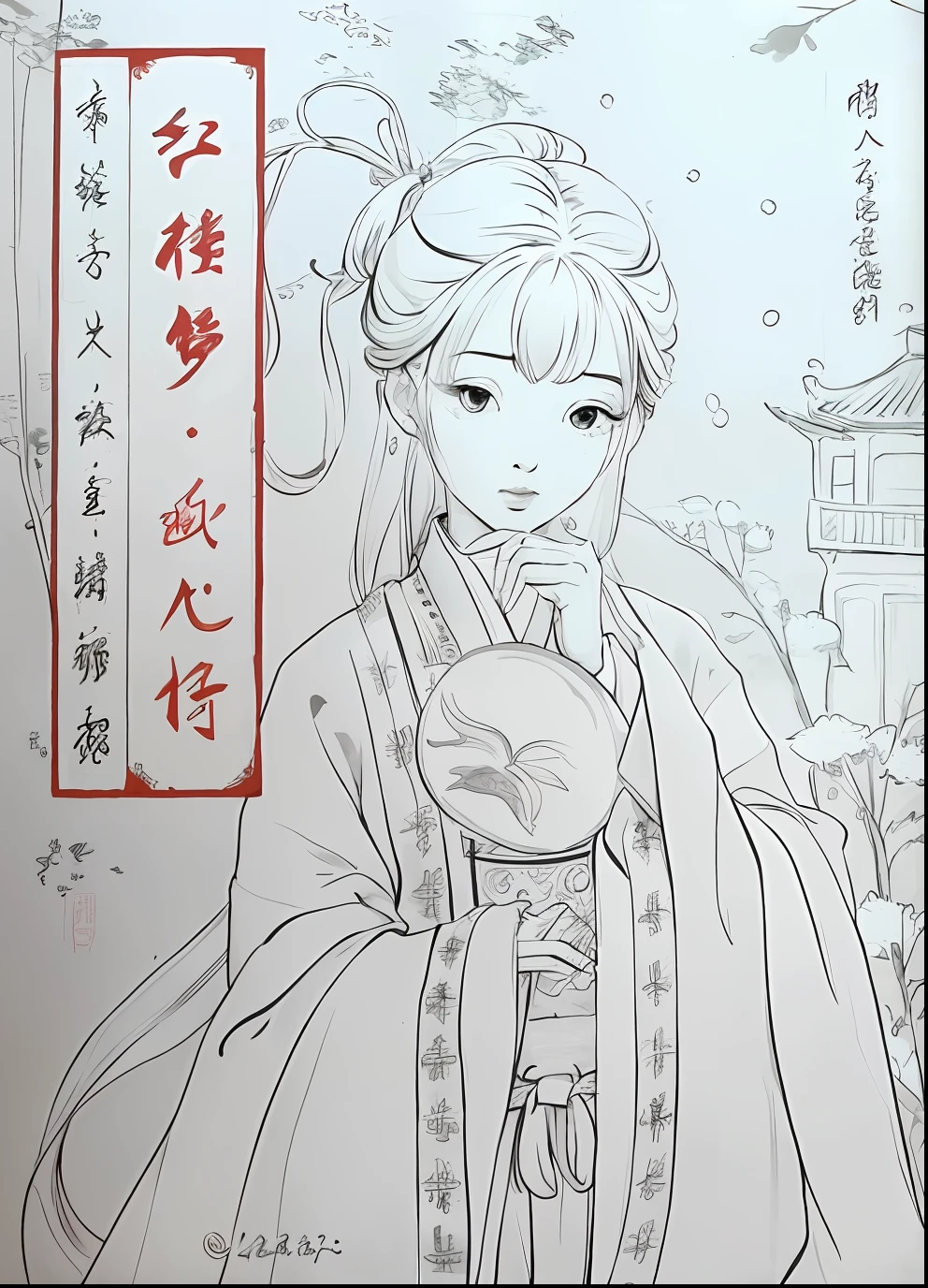 a close up of a drawing of a woman in a kimono, palace ， A girl in Hanfu, beautiful line art, extremely fine ink lineart, exquisite line art, Inspired by Ma Yuanyu, author：Li Fangying, Princesa chinesa antiga, inspired by Hua Yan, ancient chinese beauties, chinese brush pen illustration, Inspired by Qiu Ying, Wearing ancient Chinese clothes