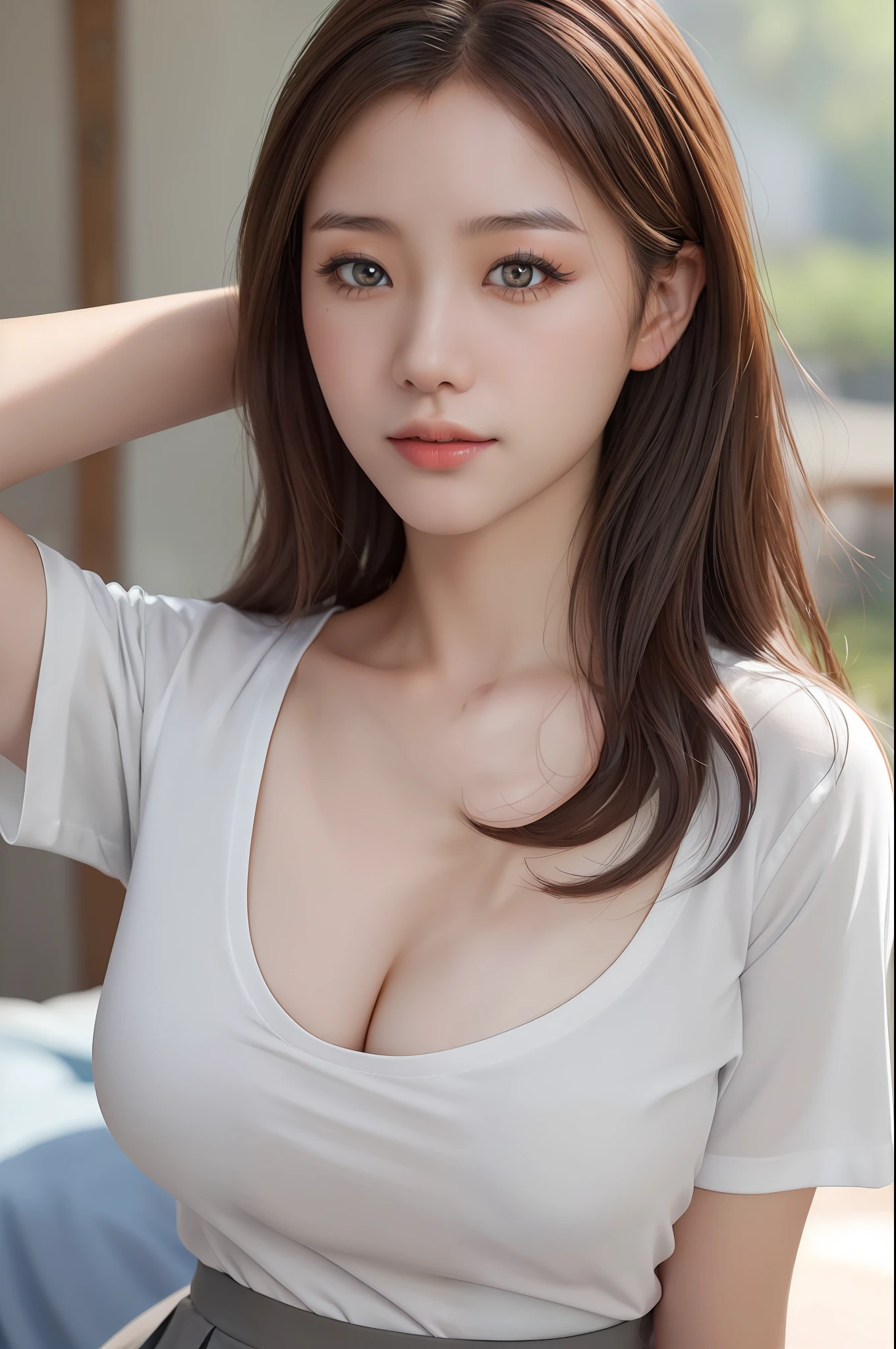 (1girl:2.0), (solo:1.5), (Mongolian girl:1.9), (anatomically correct:1.3), (view body from head to thigh:2.0), (arms on hips:1.7), (light smile:1.3), (dimple chin:1.5), (chubby cheeks:1.5), (front opened white shirt:1.7), (grey mini skirt:1.7), (no bra:2.0), (braless:2.0), (slender abs:1.5), (detailed realistic skin:1.3), (extremely detailed realistic caramel hair:1.7), (beautiful realistic hairstyle:1.3), (realistic hair:1.3), (beautiful realistic face:1.3), (beautiful realistic Mongolian girl face:1.9), (extremely detailed realistic face:1.3), (realistic eyes:1.5), (extremely detailed realistic eyes:1.5), (perfect eyes:1.5), (extremely detailed realistic pupils:1.5), (extremely detailed realistic eyelashes:1.3), (detailed realistic lips:1.3), (beautiful realistic lips:1.3), (realistic medium breasts:1.3), (breast cleavage exposed:1.5), (masterpiece:1.2), (best quality:1.2), (realistic:1.2), photography, Nikon, 85mm, 8k, (sharp focus:1.2), (high resolution:1.2), (ultra-detailed:1.2),