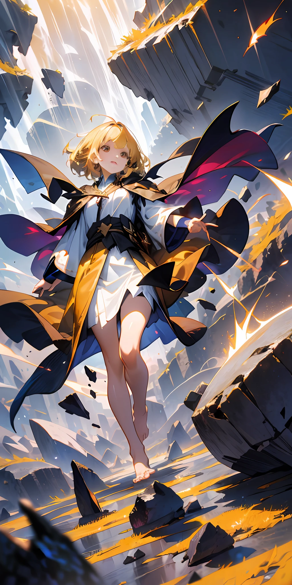 female barefoot summoner levitating with blonde hair robes and cape arms lifted up over a broken earth bright lava light from below asteroid field (jagged rocks boulders and debris shooting into the air:1.3) (windy dust debris storm:1.1) volumetric fog mist ray tracing z pass bright light from below, (masterpiece) (best quality) (detailed) (8k) (cinematic lighting) (sharp focus) (intricate)