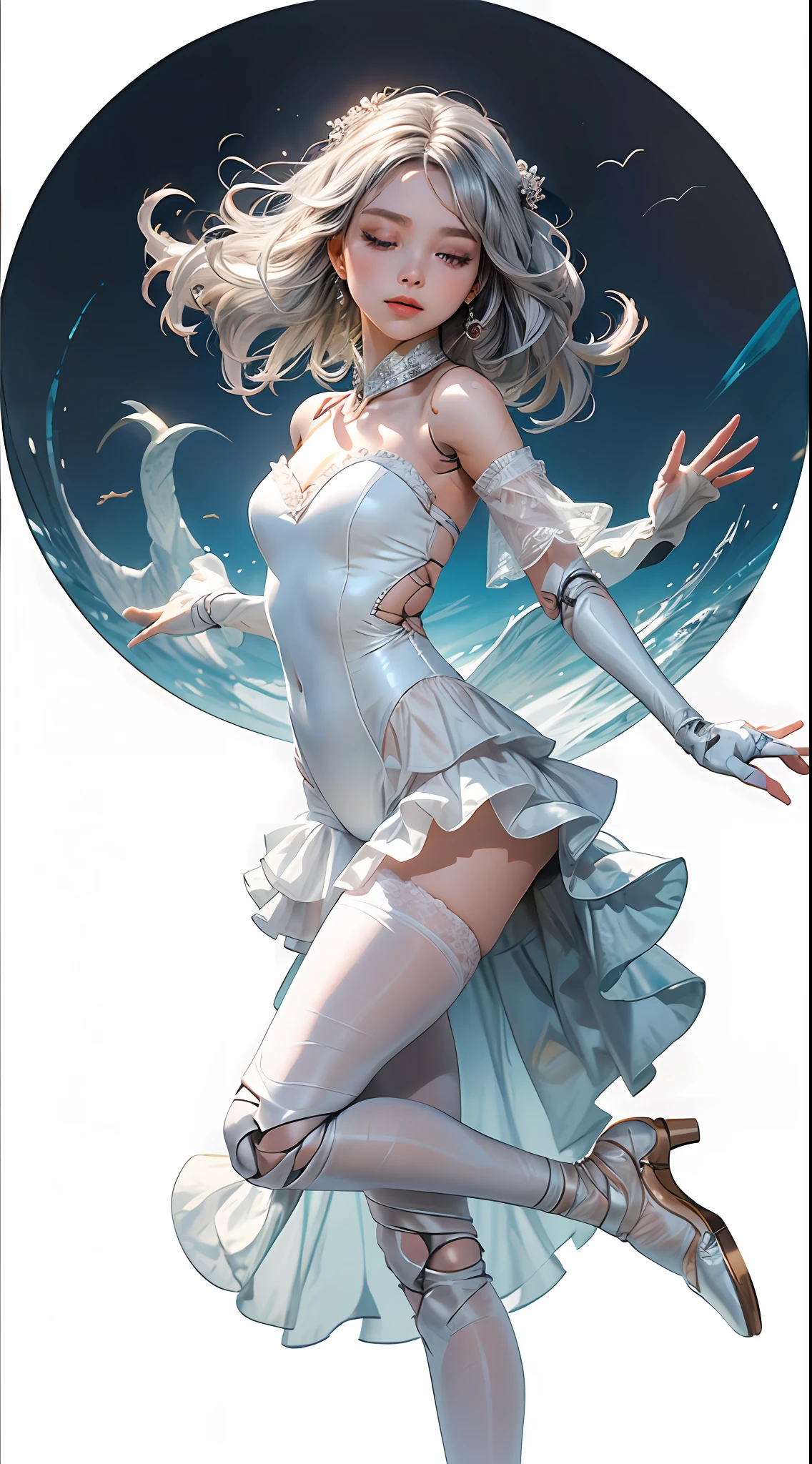 [(White background:1.5)::5], (Immidshot:0.95), (fullllbody:1.25), dinamic angle, [Bottle bottom],(Fisheye:1.4), (Faltcolor:1.3),colourfull,(​masterpiece:1,2)、best qarity、Highly detailed CG 8K wallpapers、best qarity、​masterpiece、Hi-Res、Original、highly detailed wallpaper、One girl、Look at the viewer、One girl、独奏、Float in colorful water、the ocean、natta、Floating in the colorful wind,Colorful fire floating,colorful simple background, (form_At the back:1.3),facing sideways,fullllbody, Dancing,Standing on one leg, (has silver hair:1.4),((half up:1.4 + hair wavy:0.9)) ,(joints:1.3),doll_joints,(doll_joints:1.5),human - shaped,eye closed,s asleep,Breathless,colourfull (ballerina,tutu,ballet_doress,Ballet slippers:1.2),White_Dress,(White_Dress,Strapless_Leotard:1.2),(Detached_Collar :1.2)、(Strapless:1.2)、(White lace_panthyhose:1.2)、(See-through pantyhose:1.2)、(skintight:1.2)、(White lace gloves:1.3)、(blanche+Layered+Onepiece:1.2)、Detached_the sleeve、ssee-through、Valley_cutout、barechested_Shoulder、(blanche_frilld_skirt by the:1.1)、(blanche_frilld_doress:1.1)、(Ren Hao_trim:1.1)、
