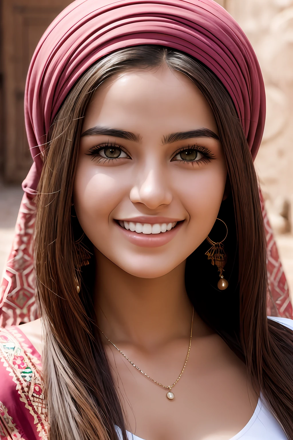 (Beautiful Moroccan girl:1.2), 18 years old, bright smile, Extremely beautiful, Extremely Detailed, attractive beautiful