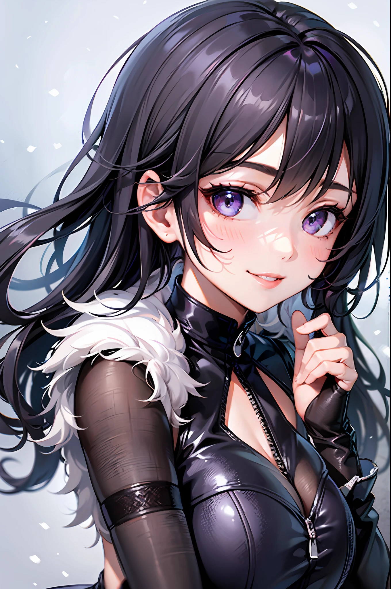 masterpiece, 1girl, black hair, violet eyes, shiny eyes, a smile, blushful, grey dress, panty, snow background, erotica