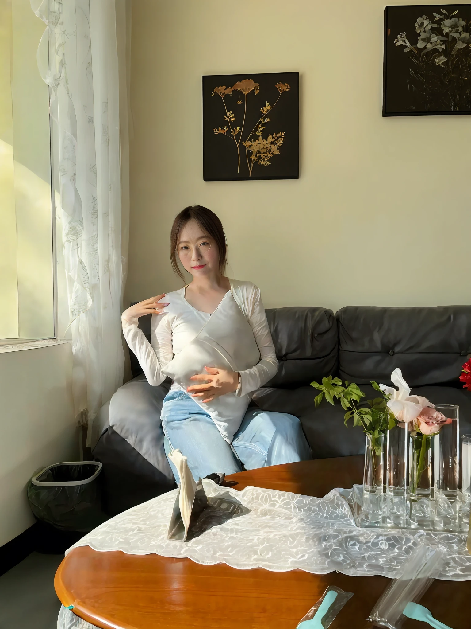 there is a woman sitting on a couch in a living room, heonhwa choe, taejune kim, jaeyeon nam, Kim Do-young, Summer evening, Shin Jinying, with backdrop of natural light, gongbi, korean artist, jiyun chae, sangsoo jeong, seseon yoon, inspirado por Kim Jeong-hui, Kwak Ji-young，Nudie