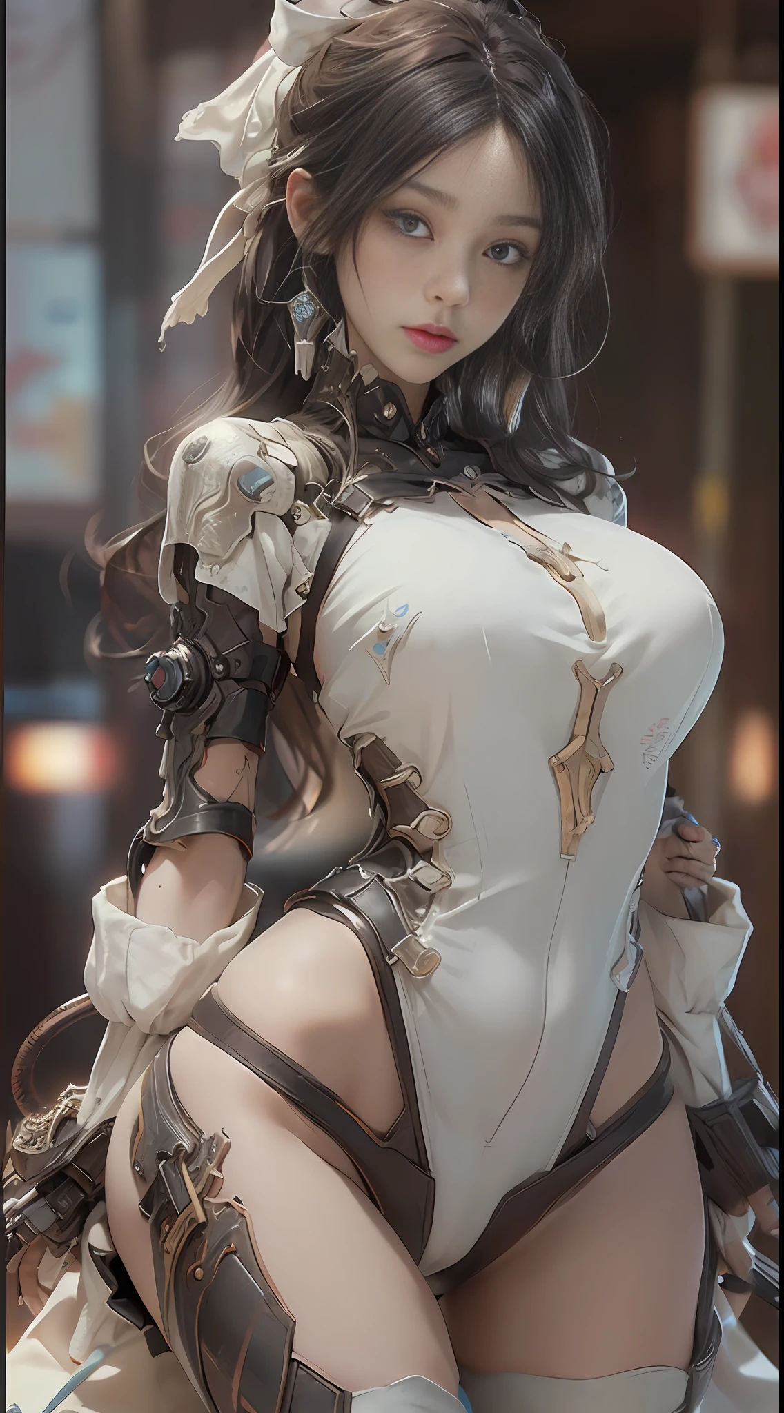 ((beste-Qualit)), ((​masterpiece)), (detaileds: 1.4), 3D, Beautiful steampunk woman, HDR(HighDynamicRange), Ray traching, NVIDIA RTX, Hyper-Resolution, Unreal 5, sub-surface Scattering, PBR Texture, Postprocess, Anisotropy Filtering, depth of fields, Maximum clarity and sharpness, Multilayer Texture, Albedo and Highlight Maps, Surface Shading, Accurate simulation of light-material interactions, The chest is skin visible、Perfect Ratios,Hydraulic cylinder、gear wheel、gear、 Octane Render, Two-color light, Large aperture, Low ISO、White Balance、thirds rule、8K RAW、