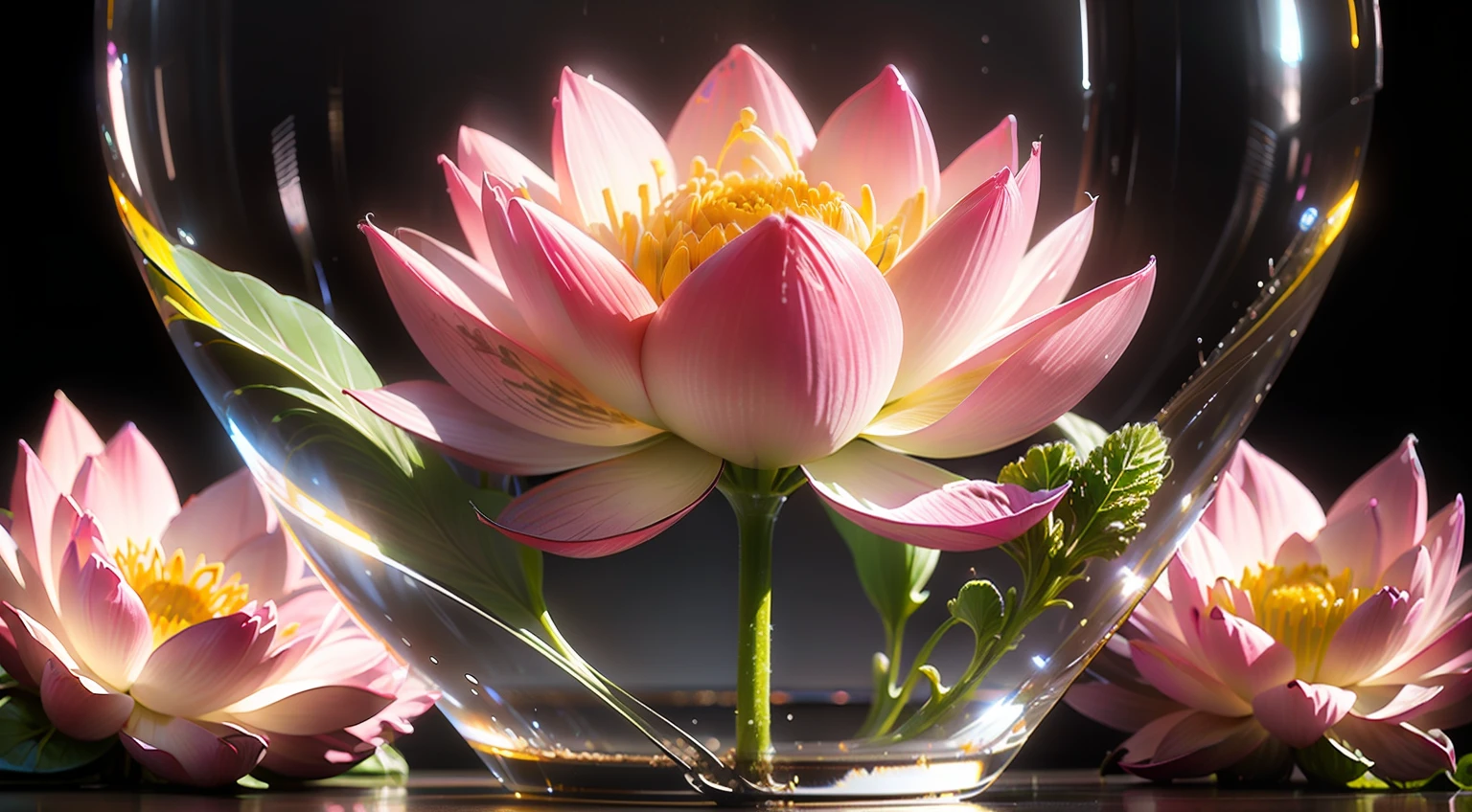 ((巨作)), (((Best quality))), ((Ultra-detailed)),((Botanical illustration)),lotus flower,lotus flower,organic flowers,Close-up,Futuristic flowers,consrast of volume and lines,Neon light,3D art,transparent plastic,Dreamy --auto