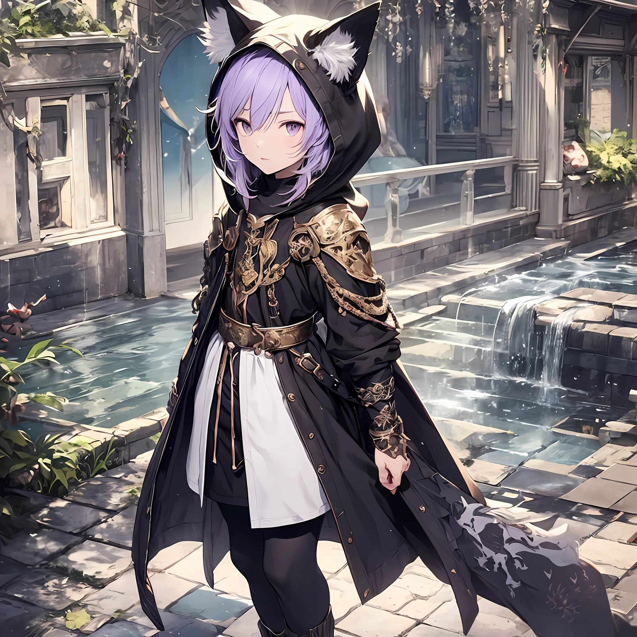masterpiece, best quality, 1boy, child, male focus, solo, purple hair, short hair, looking at viewer, closed mouth, Fantasy aesthetics, Highly detailed, shadowverse style, full body, white attire, fox ear, fox tail, hooded with animal ear