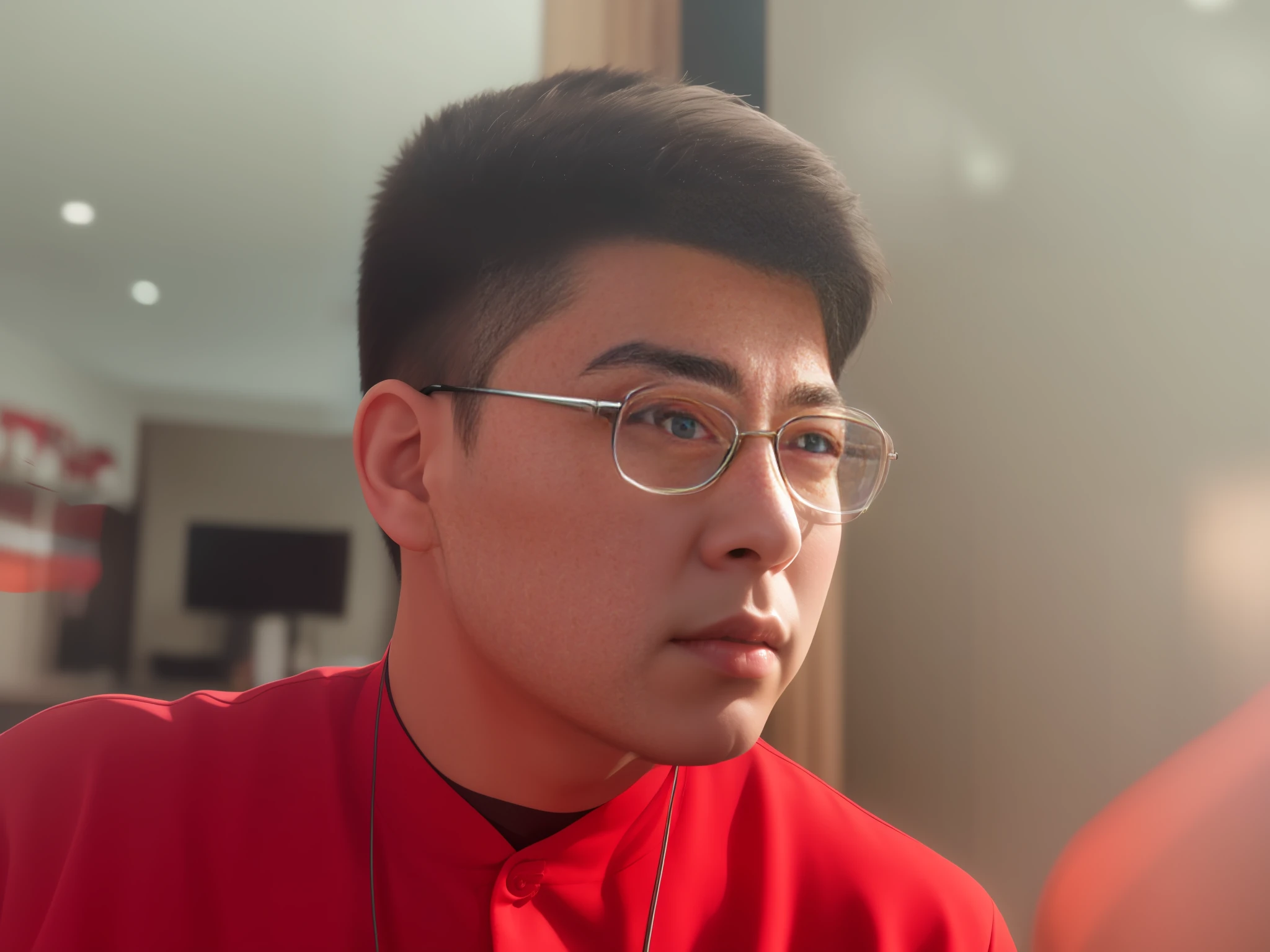 (HD photographic portrait,Best illumination,Best shadow,high high quality,Dynamic and powerful pose),solo person,named Cheng Yanjun,Wear a red shirt and glasses,Shot with Sony Alpha 9,The shooting equipment is a Nikon Z9,The image is clean and bright,Filmed by Ohau clean,Liang Xing and Wang Qichao appreciated。Showcase the unique style of Chinese artists。