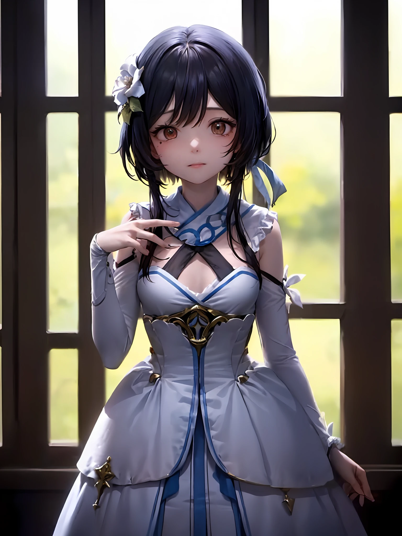 1girlhugebreasts, Single person，， (巨作:1.1), (Best quality:1.1),  Break [Blue:peach red:0.5] Theme, Cowboy shot,Cinematic light， (full bodyesbian:1.2)，Exquisite facial features，perfect hand，(small boobs：1.5)，standingn，Stage background，inside room，