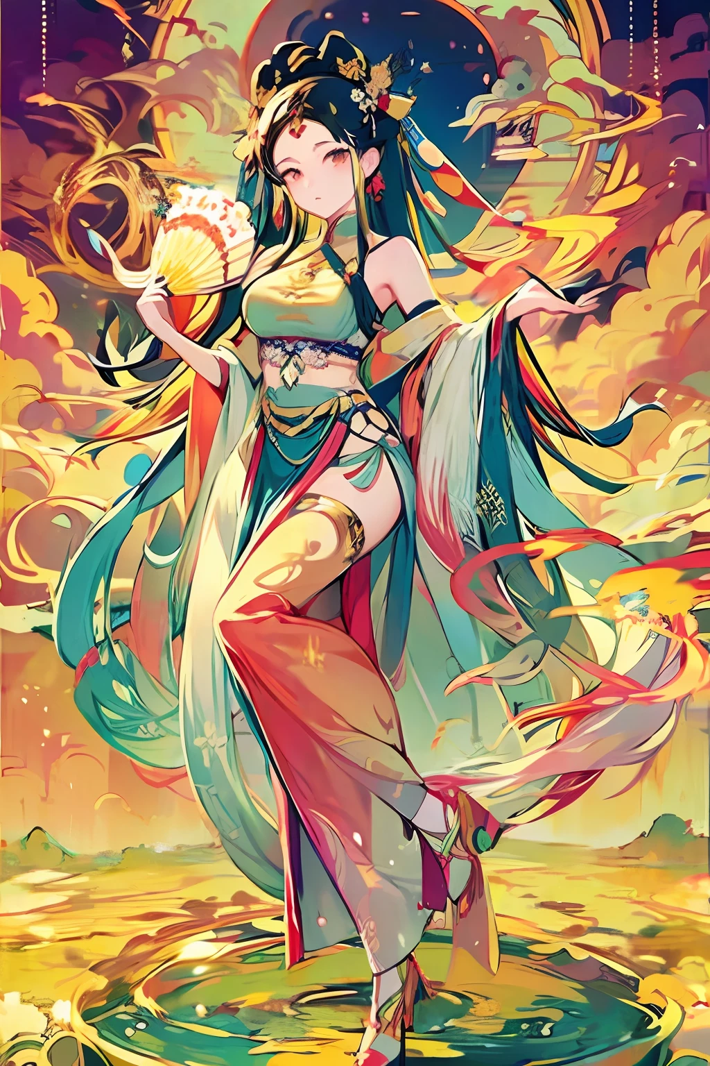 masterpiece, best quality, 1girl, magical girl, long hair, detailed dunhuang_cloths, dunhuang_fan, flowers, vivid colors, expressionless, full body
