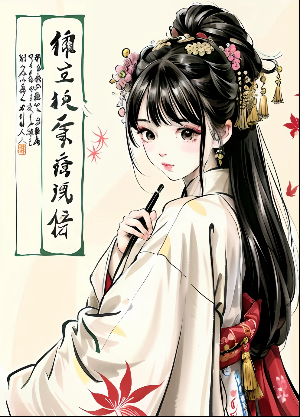 a close up of a drawing of a woman in a kimono, palace , A girl in Hanfu, beautiful line art, extremely fine ink lineart, exquisite line art, Inspired by Ma Yuanyu, author:Li Fangying, inspired by Hua Yan, Princesa chinesa antiga, ancient chinese beauties, chinese brush pen illustration, Inspired by Qiu Ying, Wearing ancient Chinese clothes