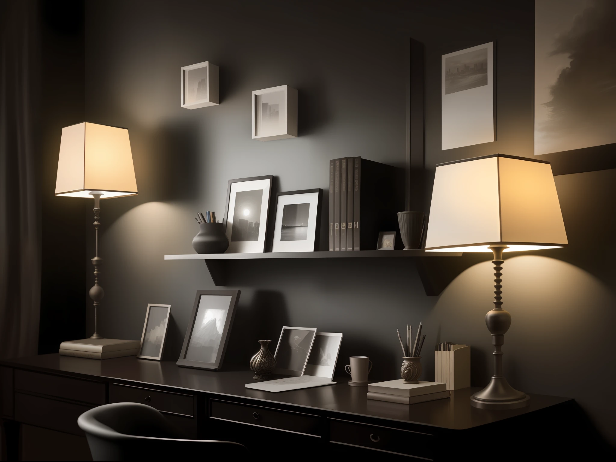Best quality ultra-detailed interior design for an elegant home office with a dark and moody vibe, perfect for nighttime use.