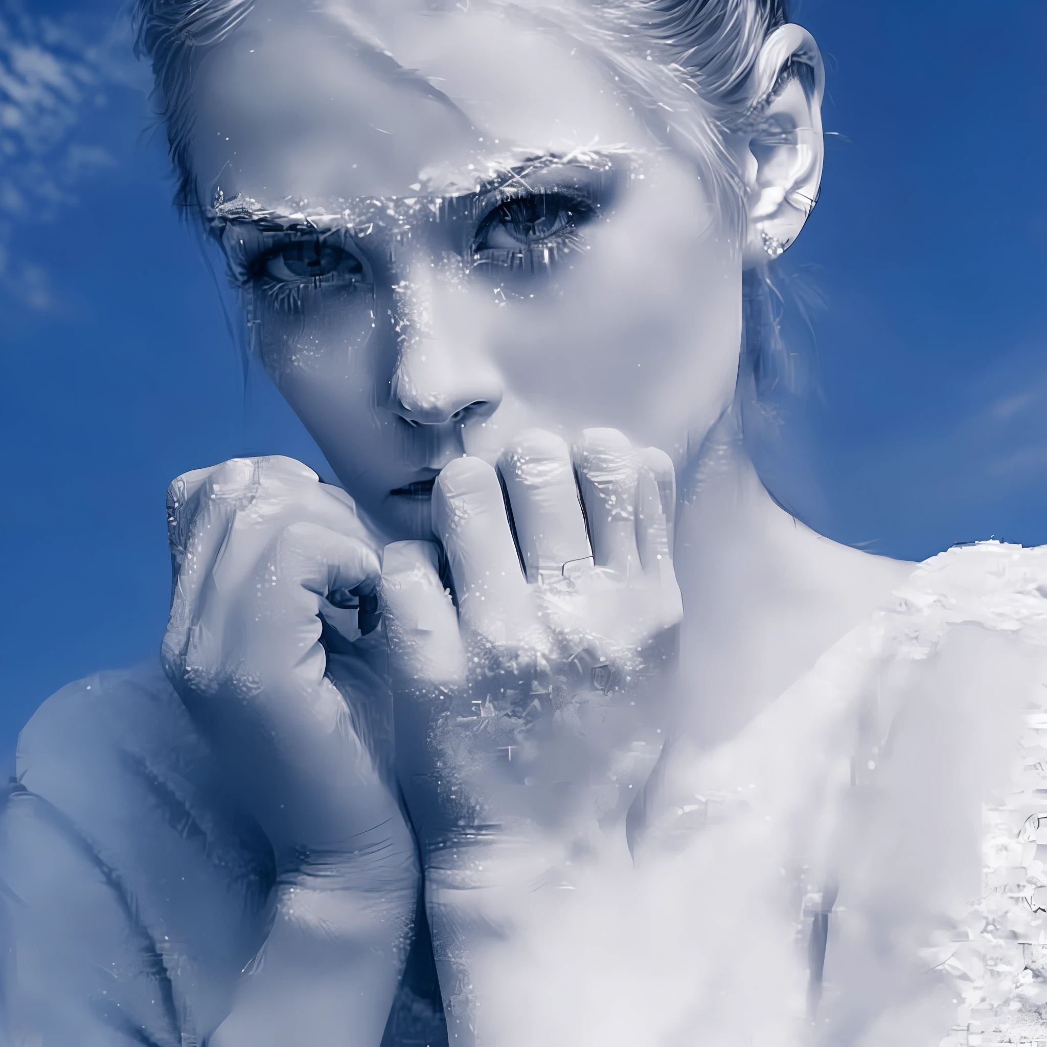 Bokeh, crudo, ((luz solar rayada sobre la cara)), retrato cercano, (detalles extremos de la piel), delgado (30-year-old Scottish woman), ultra realista,. Cara congelada por el frio