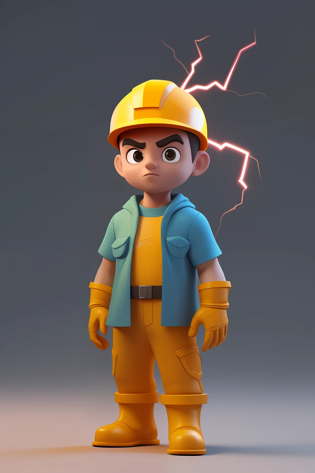 3DCHARACTER, Professional Electrical Man, cabelo preto, capacete, camisa preta, fundo simples, melhor qualidade.