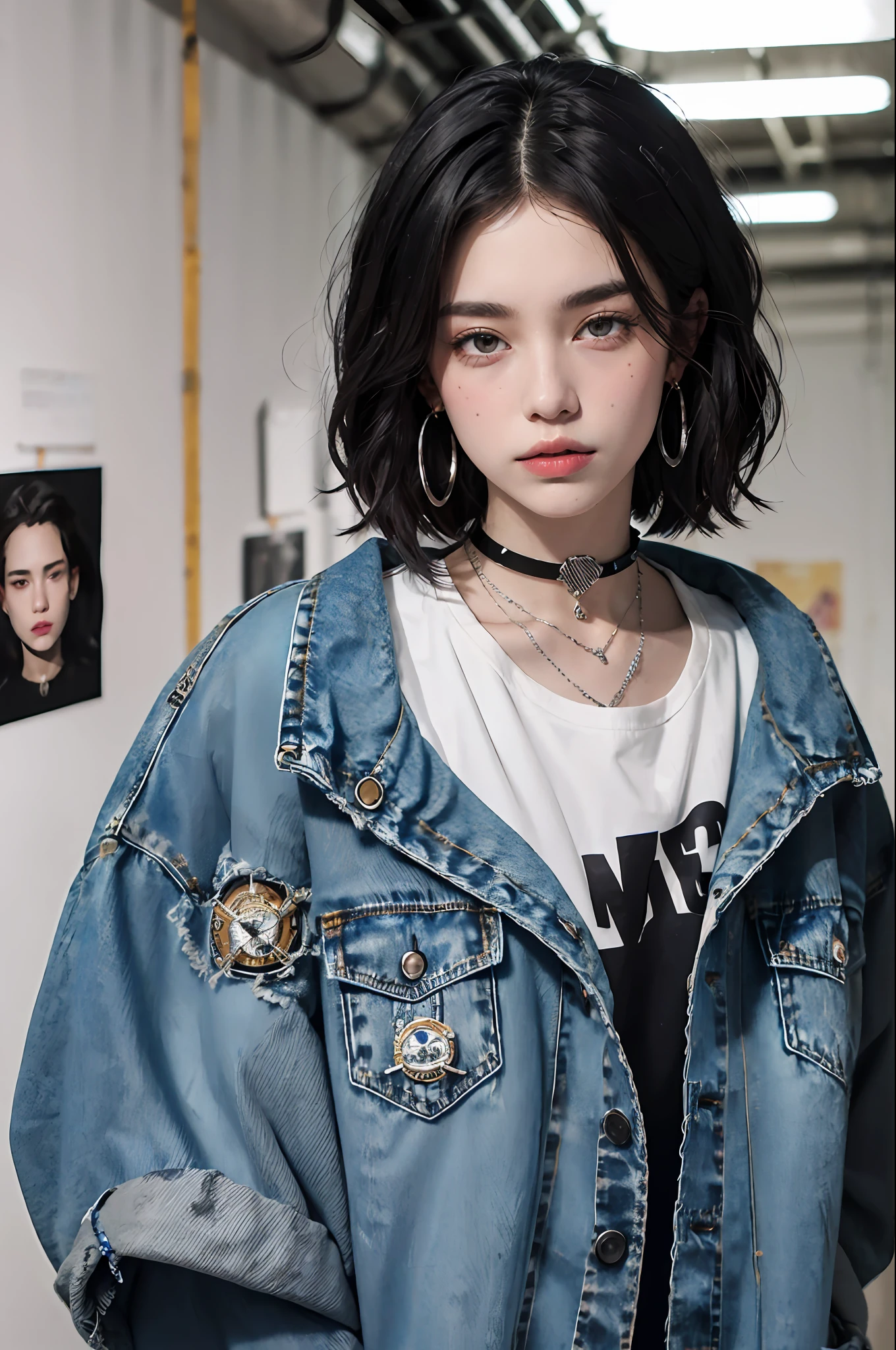 (masterpiece:1.2, best quality), (1lady, solo, upper body:1.2), Hair: buzz cut, Clothing: oversized, distressed denim jacket with patches and pins, paired with black skinny jeans and combat boots, Accessories: silver hoop earrings and a black choker necklace, Hanging out in an underground music venue or street art exhibit